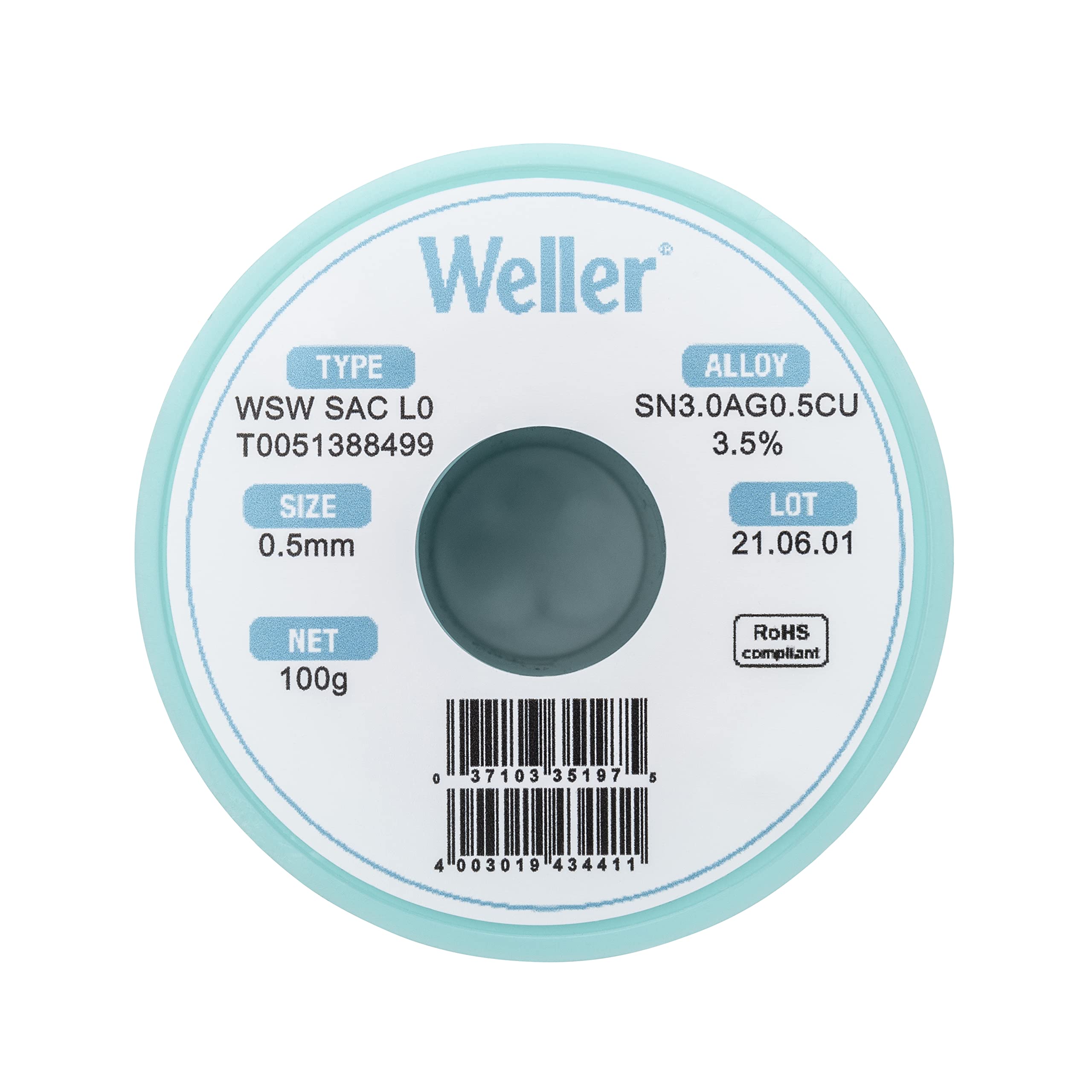 Weller Lead Free Solder Wire WSW SAC L0 (T0051387099), Dia: 0.5 mm / 0.020 in, Wt: 500 g / 17.637 oz, Alloy Sn96.5Ag3.0Cu0.5, Flux content 3.5%