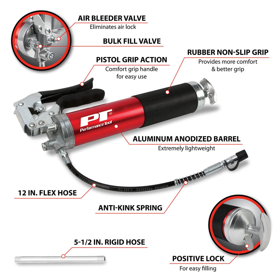 Pistol Grip Performance Tool W54291 Lightweight Grease Gun with Anodized Aluminum Barrel, T-Handle, and 4-Jaw Coupler, Accepts 14 oz Cartridges