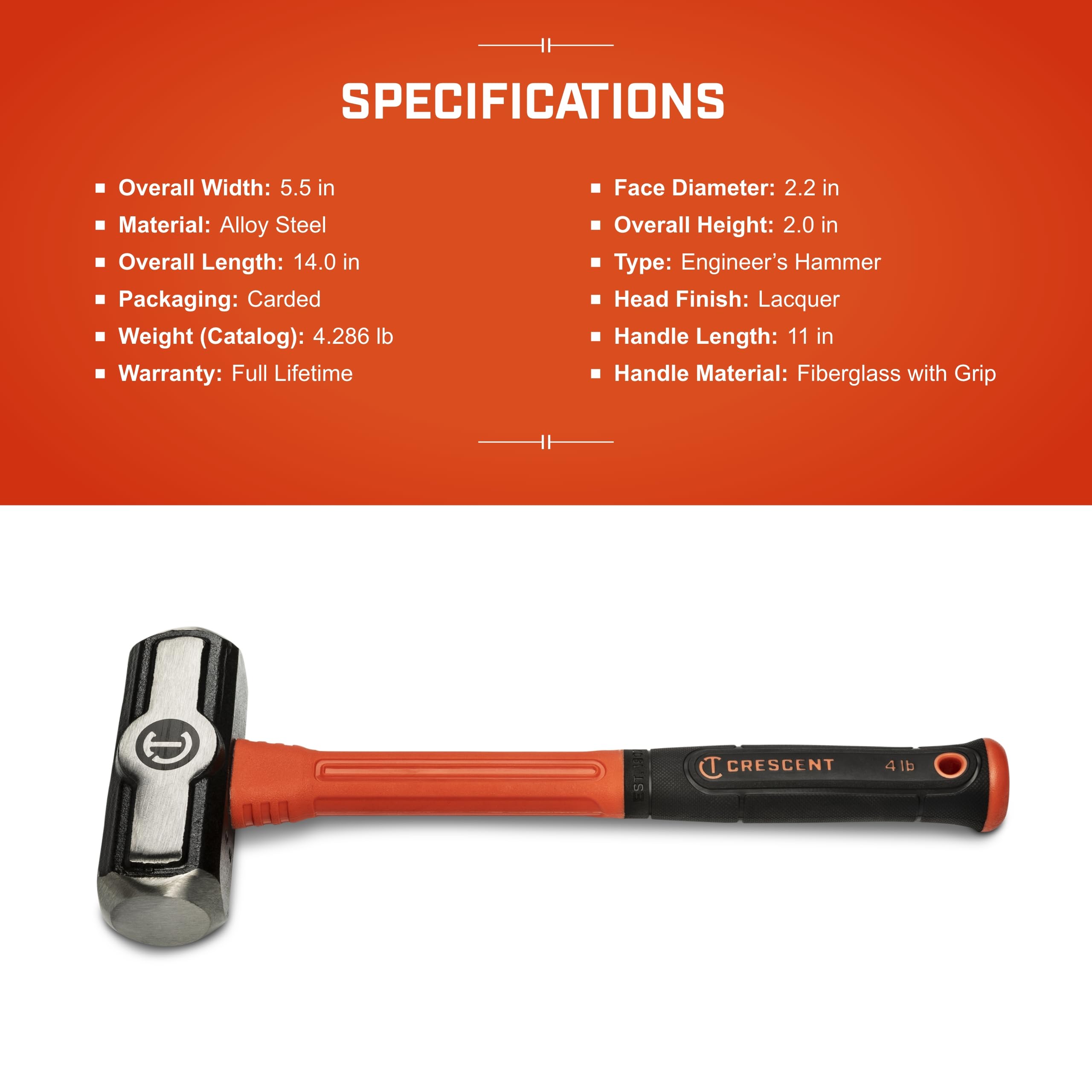 Crescent Engineer Hammer Fiberglass - Shock-Reducing Hammer with Ergonomic Grip & Forged Steel Head - Premium Hand Tool - 4 lb - CHFENG64