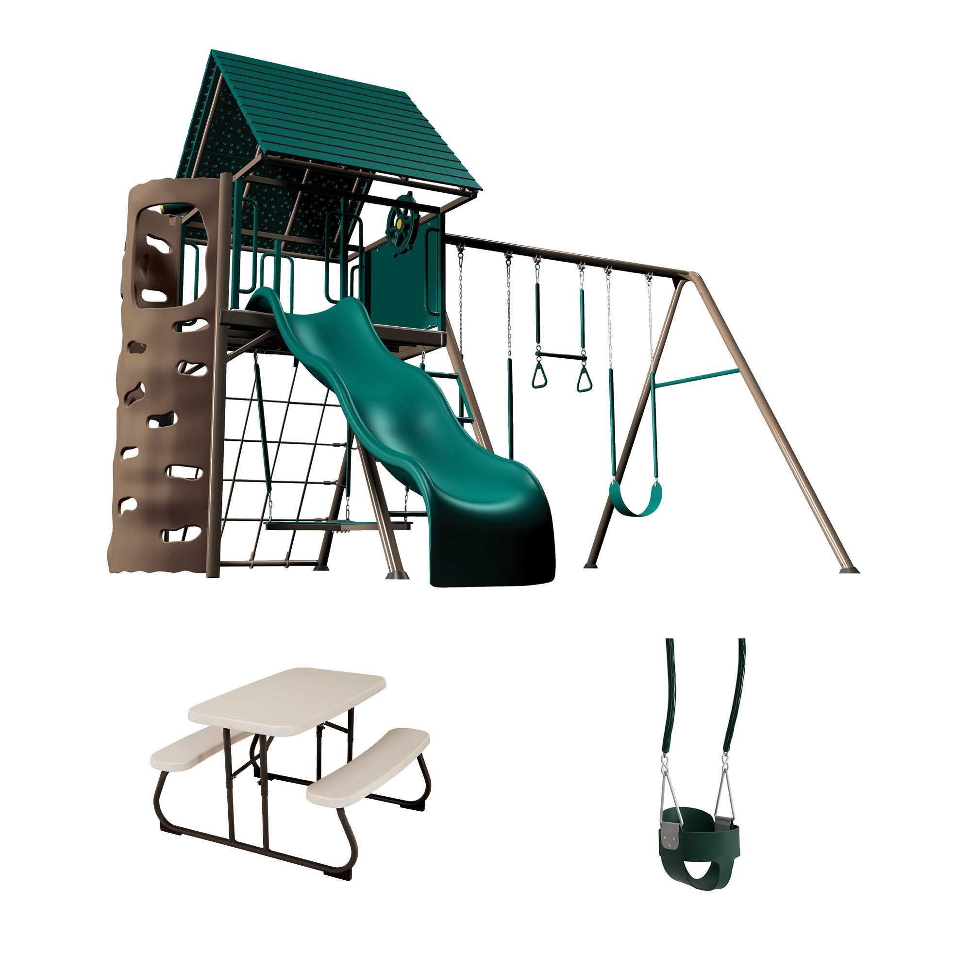 Big Stuff Lifetime Swing Set Playset with Bucket Swing and Children’s Picnic Table