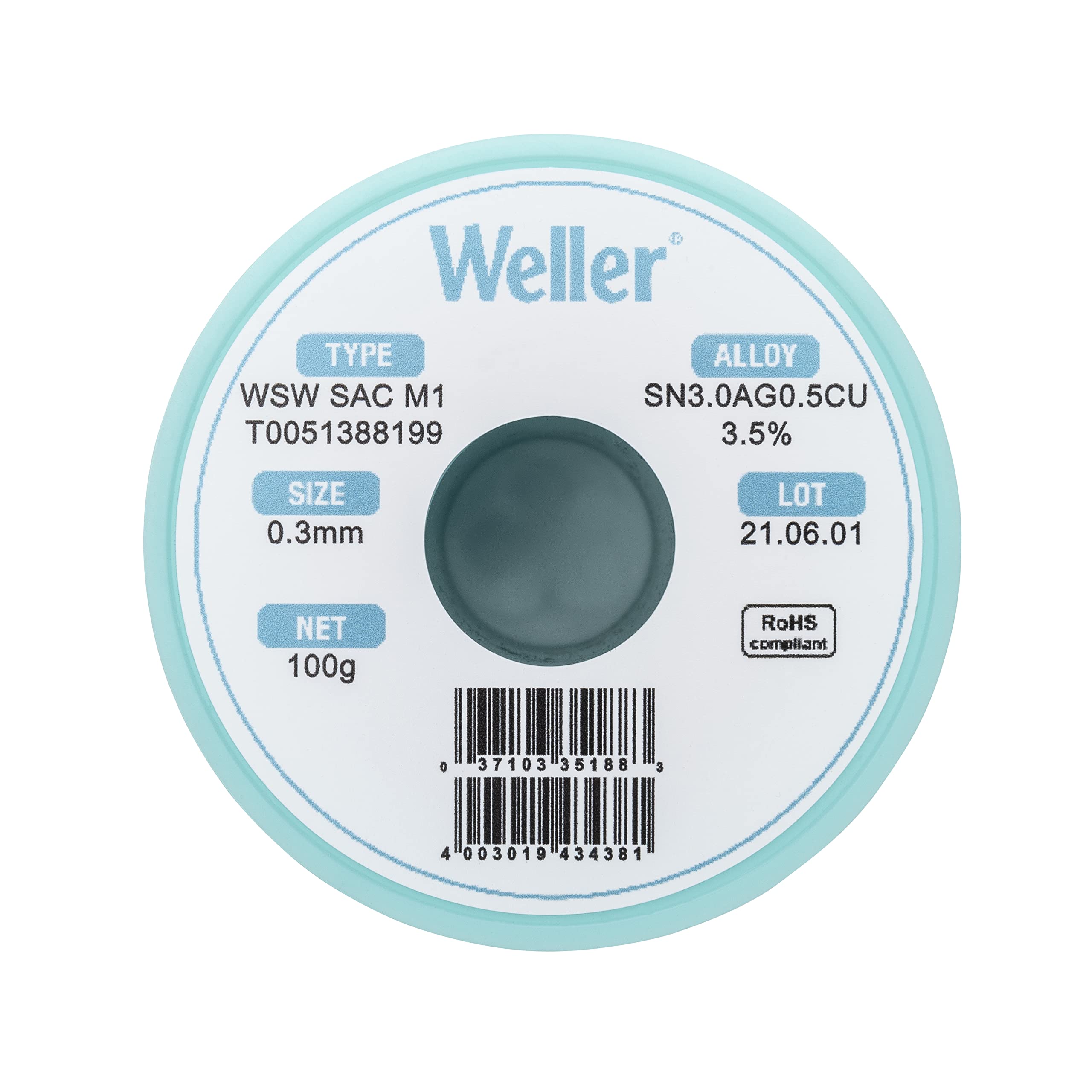 Weller Lead Free Solder Wire WSW SAC M1 (T0051386599), Dia: 0.3 mm / 0.012 in, Wt: 500 g / 17.637 oz, Alloy Sn96.5Ag3.0Cu0.5, Flux content 3.5%