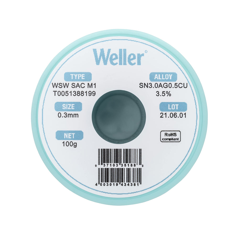 Weller Lead Free Solder Wire WSW SAC M1 (T0051386599), Dia: 0.3 mm / 0.012 in, Wt: 500 g / 17.637 oz, Alloy Sn96.5Ag3.0Cu0.5, Flux content 3.5%