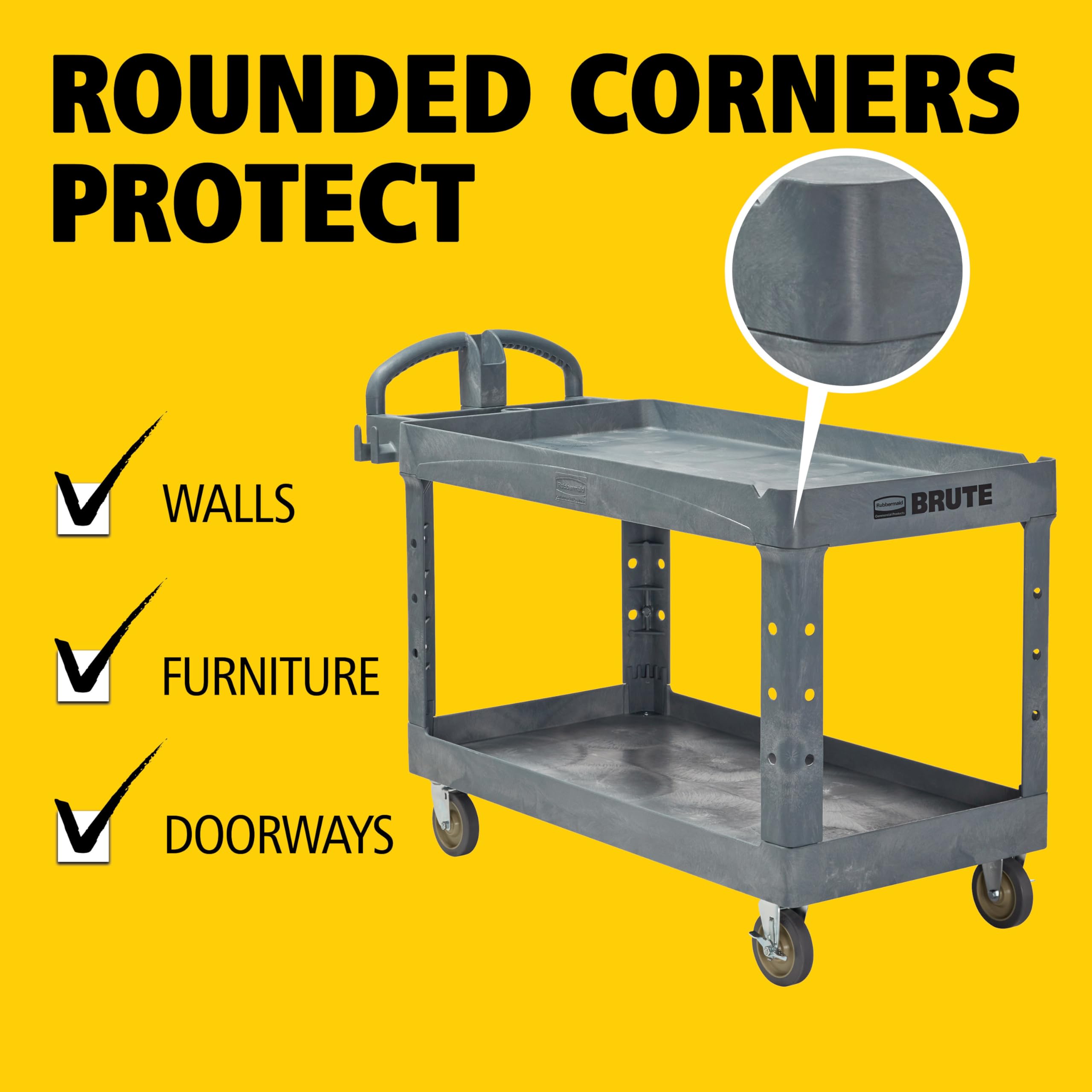 Rubbermaid Commercial Products Heavy Duty BRUTE 2-Shelf Utility/Service Cart, Large, Lipped Shelves, Ergonomic Handle, 750 lbs. Capacity, Black, for Warehouse/Garage/Cleaning/Maintenance/Stadiums