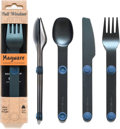 MAGWARE - FULL WINDSOR Magnetic Camping Cutlery Set - Travel Utensils for Camping, Cooking, and Outdoor Dining - Knife, Fork & Spoon - Portable Silverware with Pouch - Blue (3 PCS)