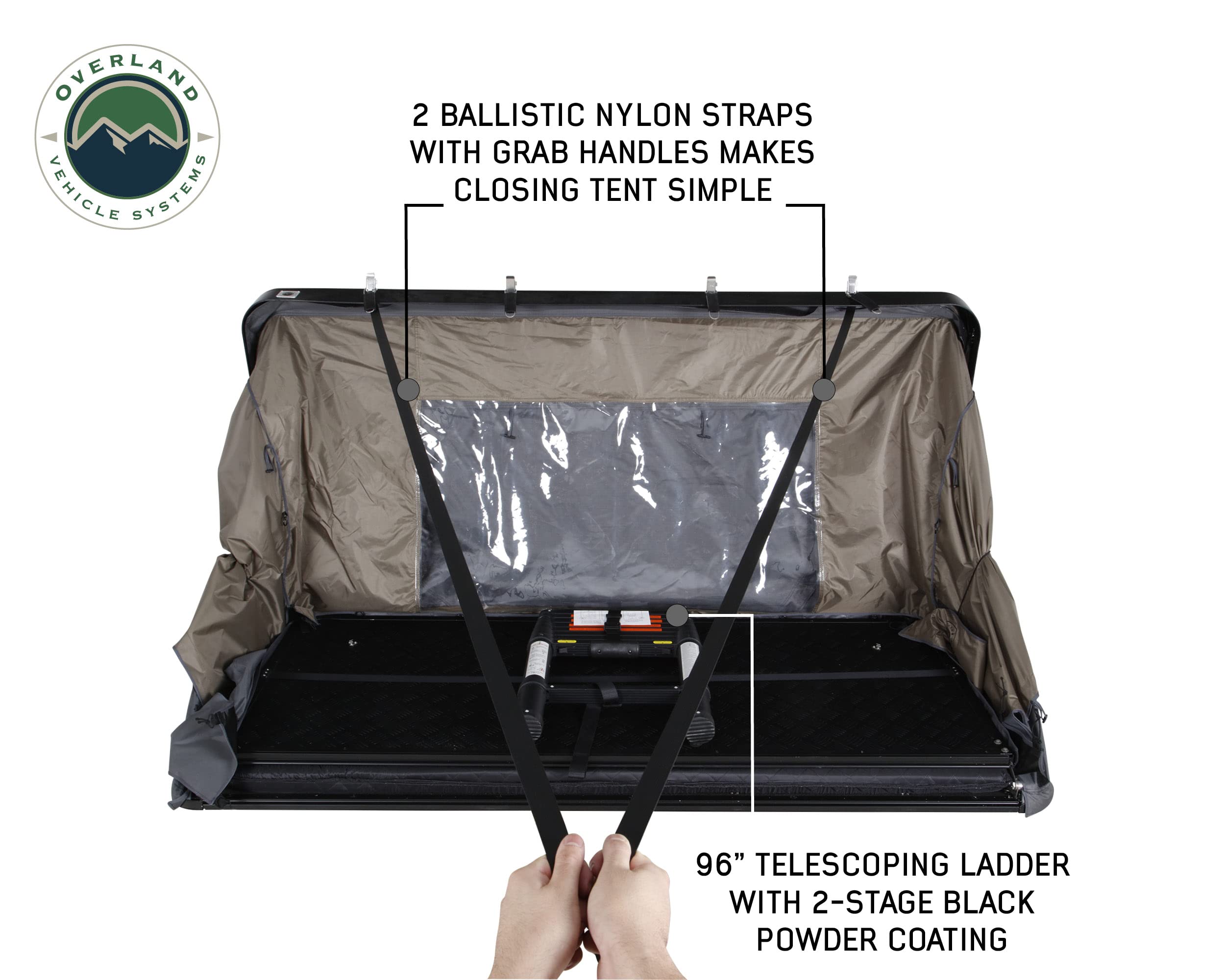 Overland Vehicle Systems Hard Shell Bushveld Clam Shell Roof Top Tent with Aluminum Base Dark Grey Body and Green Rainfly - 4 Person Tent - Four Seasons Ready