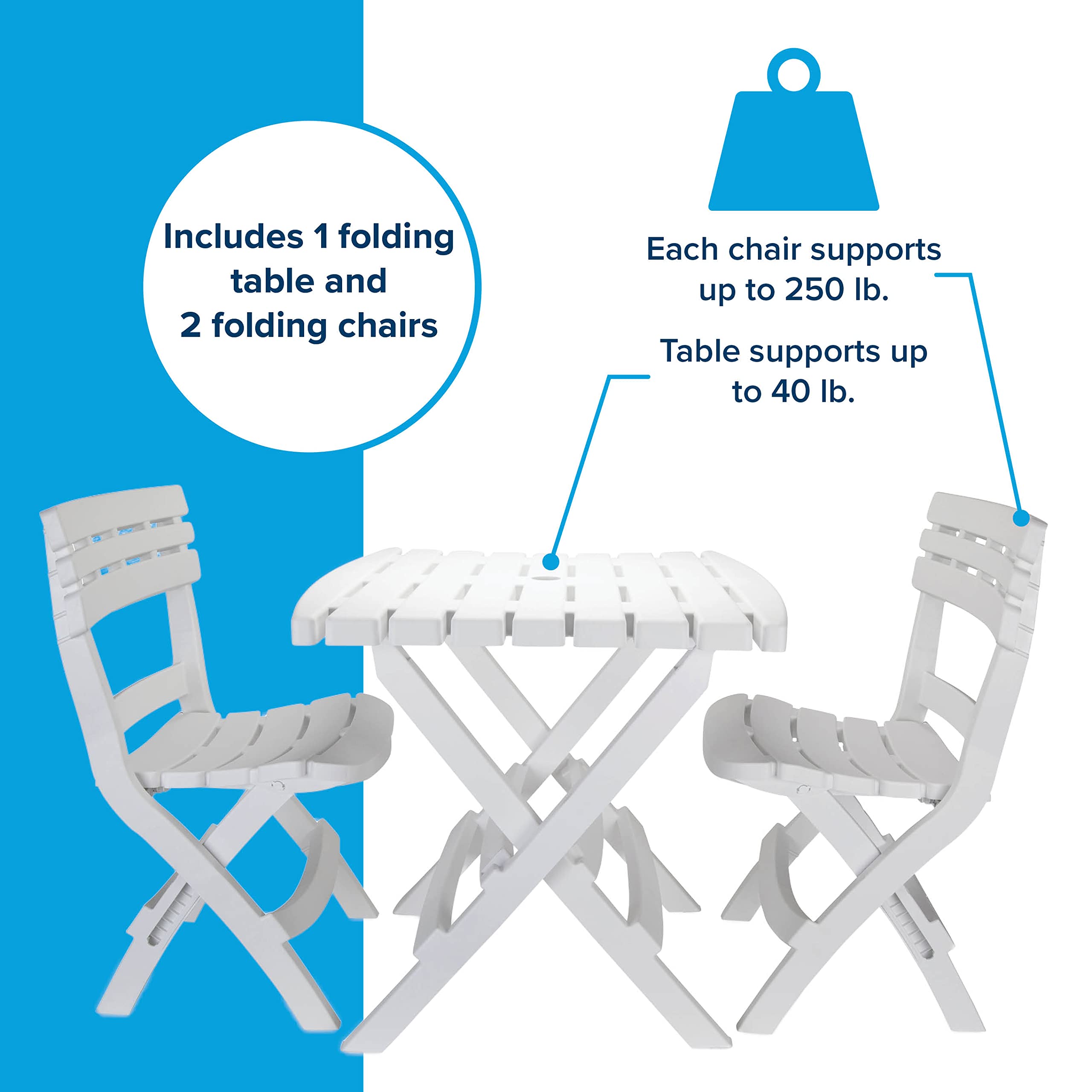 Camco Table and Chair Outdoor Set | Features Foldable Design for Compact RV Storage and Organization | Great for Camping, Events, Patios, and More | No-Tool Assembly | 3-Piece, White (51640)