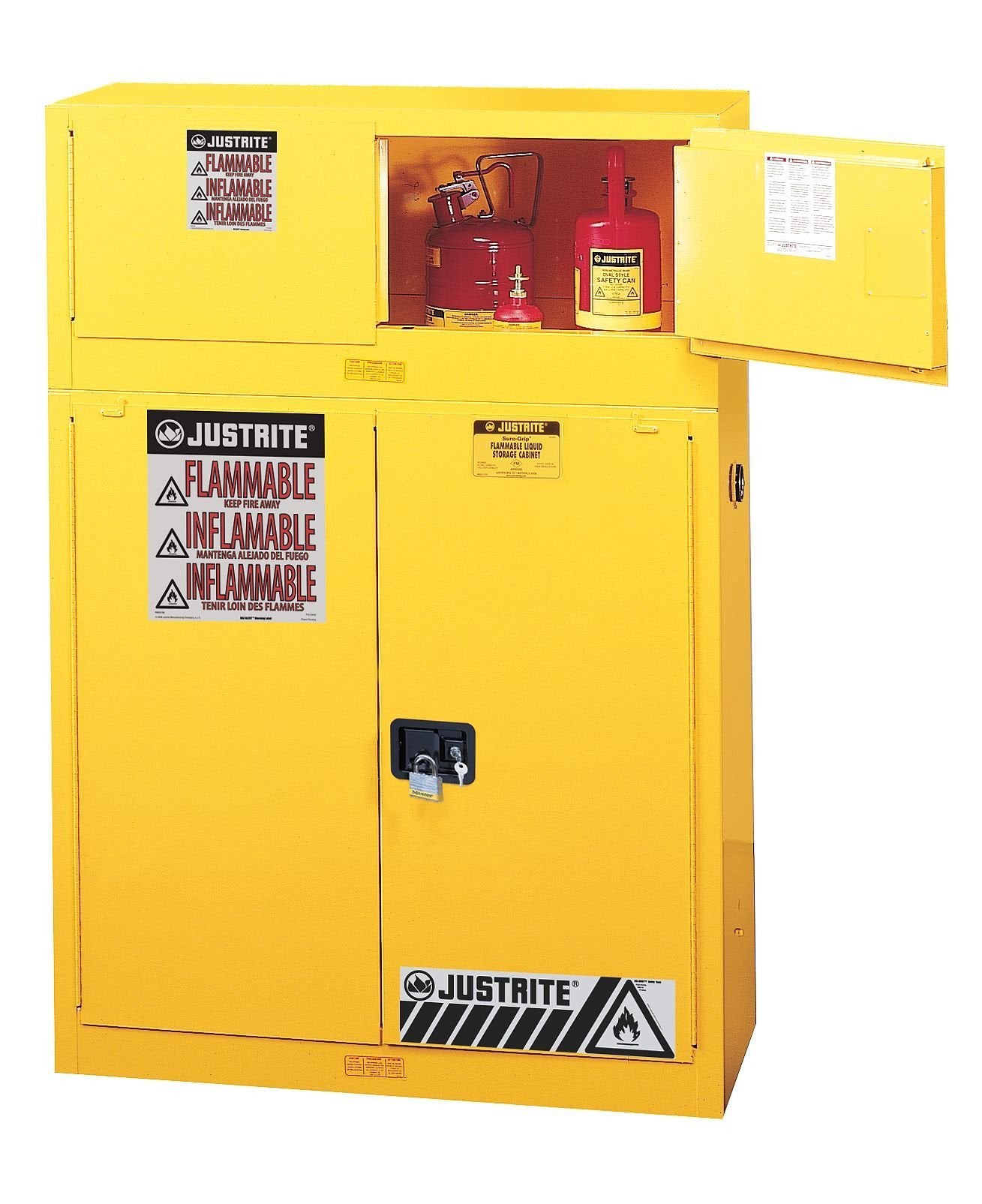 Justrite 17 Gallon Flammable Storage Cabinet Self Close Piggyback, 18 Gauge Steel, 1 Shelf, 2 Door Fire Cabinet, 24" x 43" x 18", Made in The USA, Red, 891721
