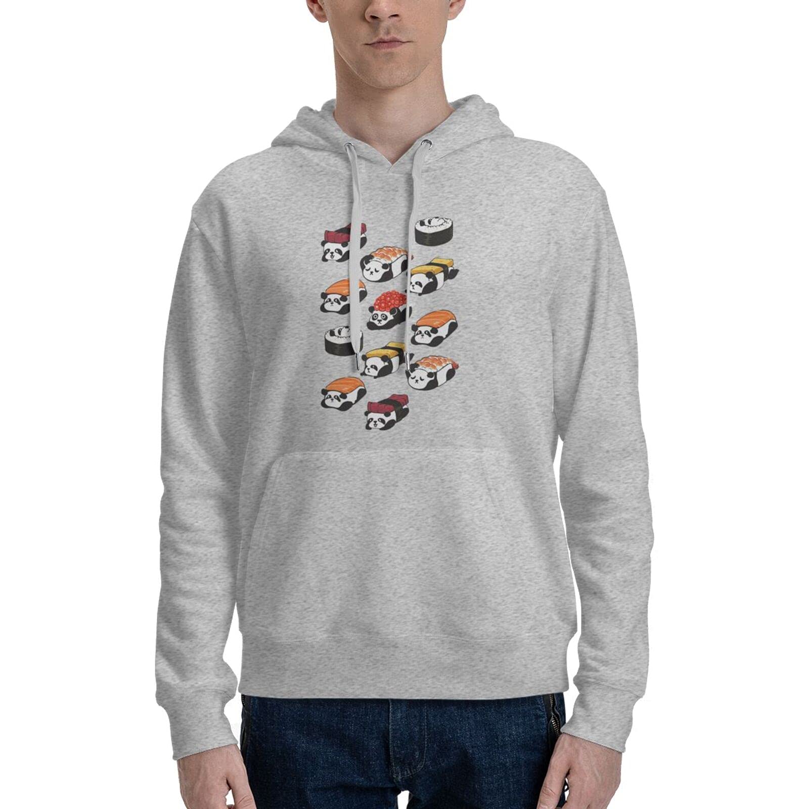 Sushi Panda Banzie Personalized 3D Printing Cartoon Hoodie Fleece Round Tie Pocket Pullover Sweater Fall Winter Pullover Thickening, Gray, Large