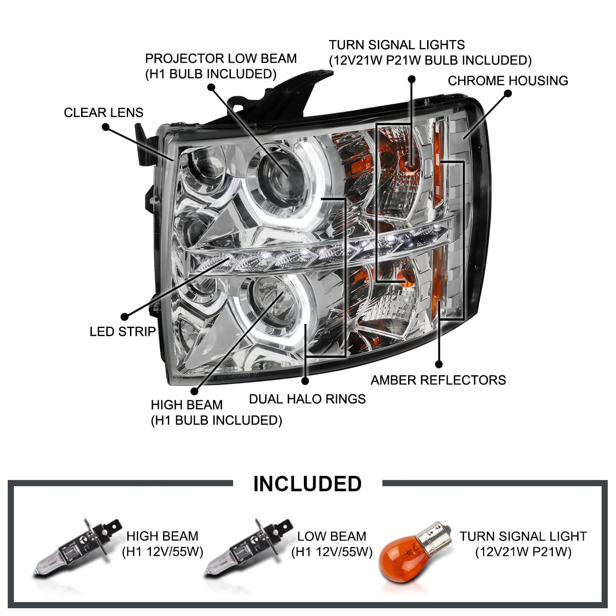 Chrome Housing Spec-D Tuning Clear Lens Halo Projector Headlights w/LED Compatible with 2007-2013 Chevy Silverado 1500, 2007-2014 Chevy Silverado 2500HD/3500HD, Left + Right Pair Headlamps Assembly