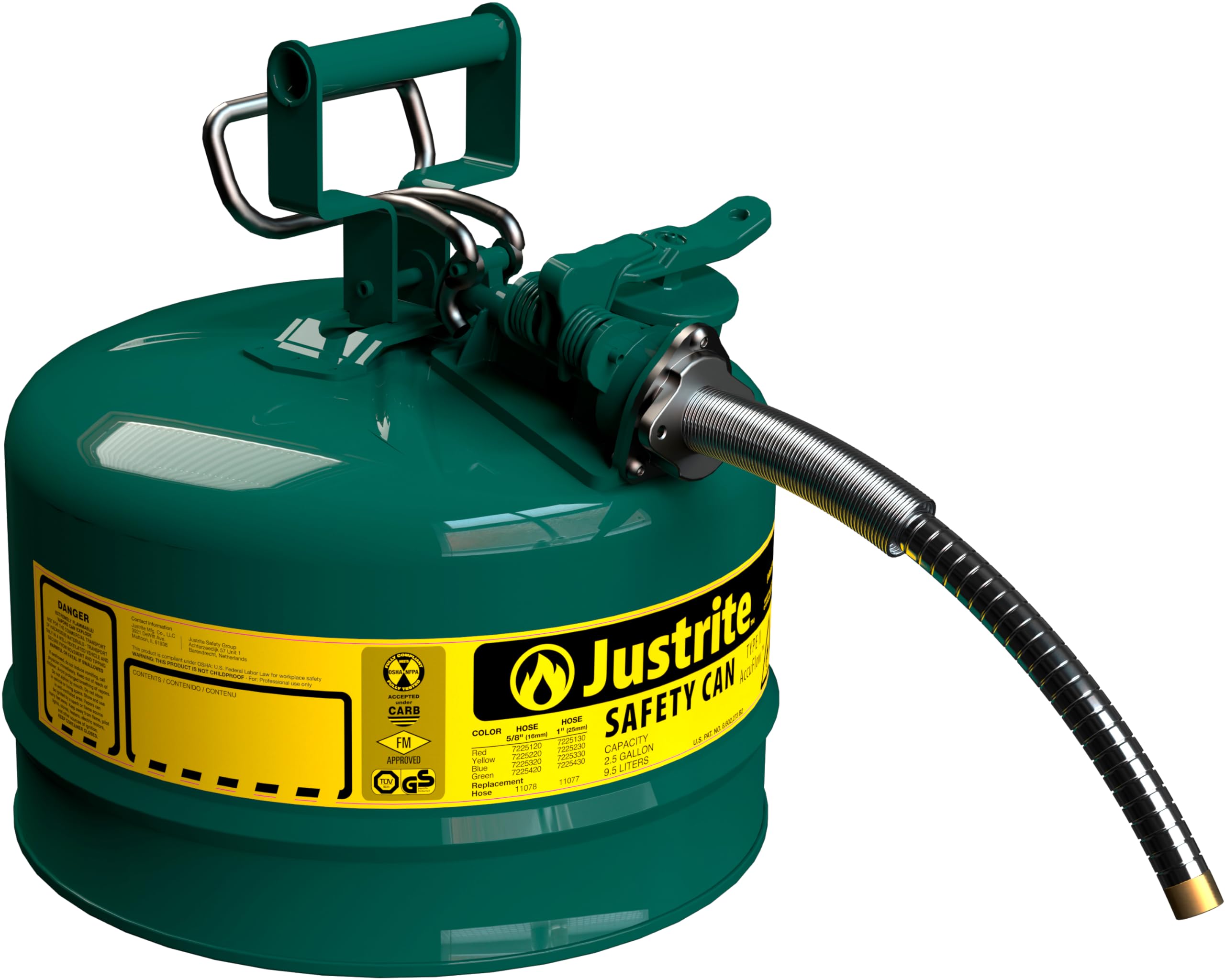 Justrite 2.5 Gallon Green Type II Safety Can for Oil with Flame Arrester, Self-Closing Lid, and 5/8" Flexible Metal Spout, Made in the USA, Galvanized Steel Flammable Storage Can, 7225420