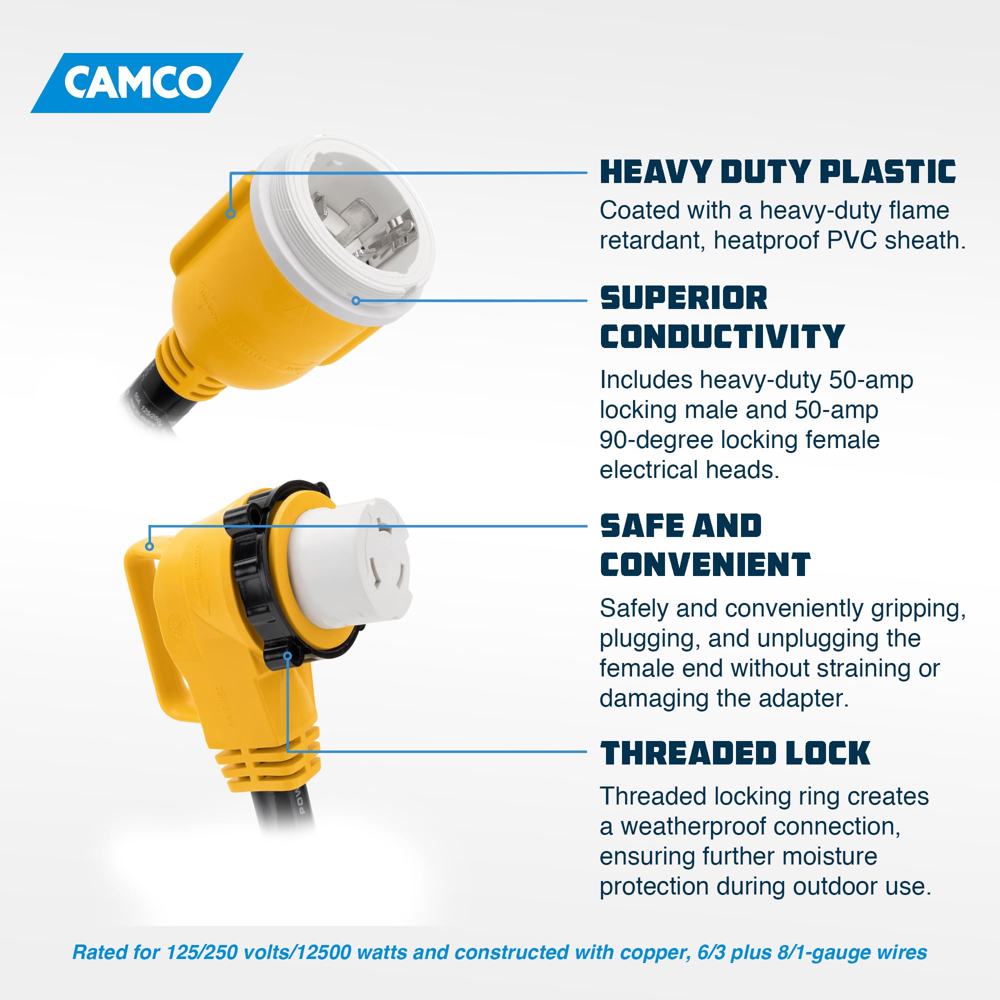 Camco 55572 50 AMP Locking Male/50 AMP Locking 90 Degree Female 18" PowerGrip Dogbone Electrical Adapter