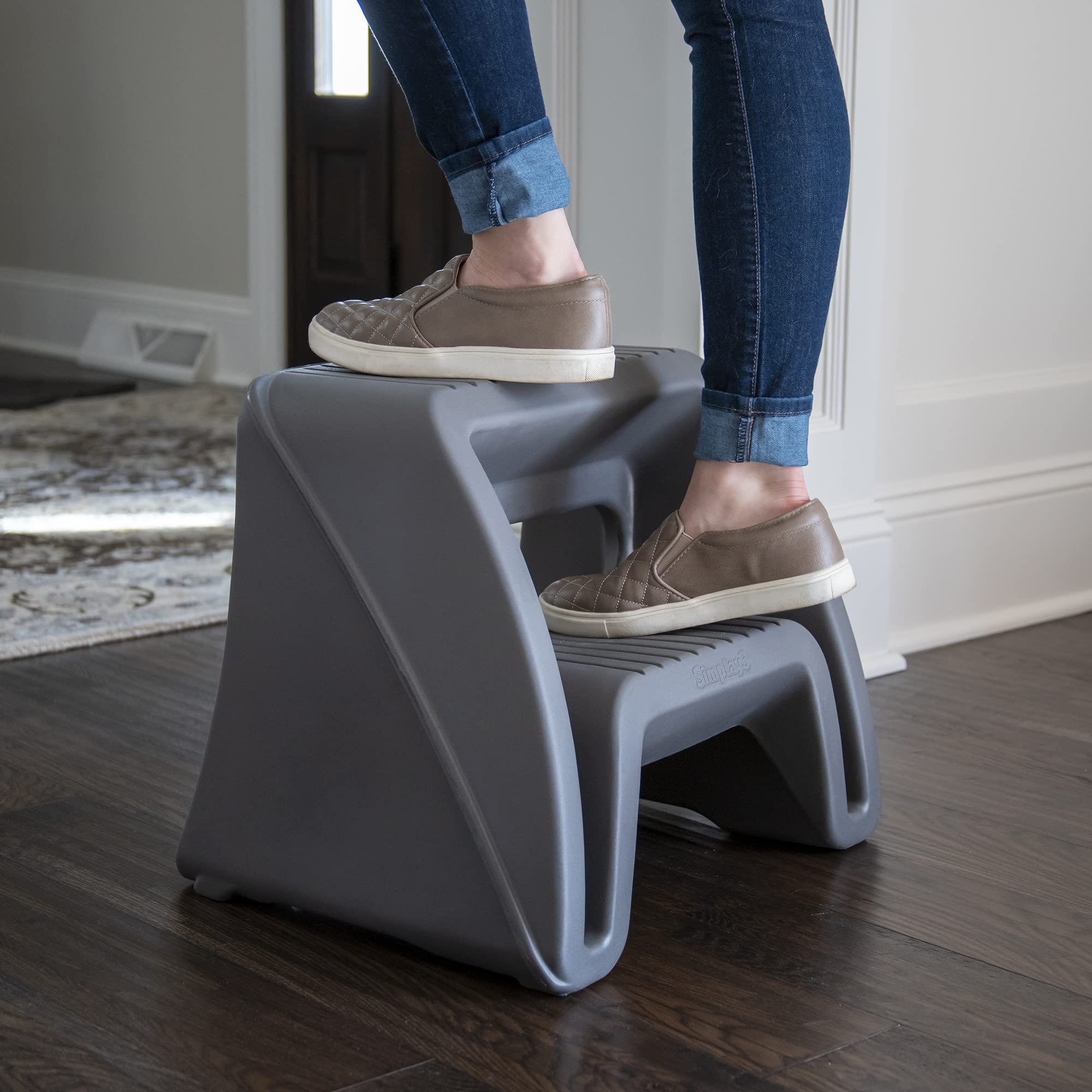 Simplay3 Two-Step Handy Home Step Stool Plastic Seat - Indoor or Outdoor Use - 15.5" x 19" x 16" - Gray, Made in USA