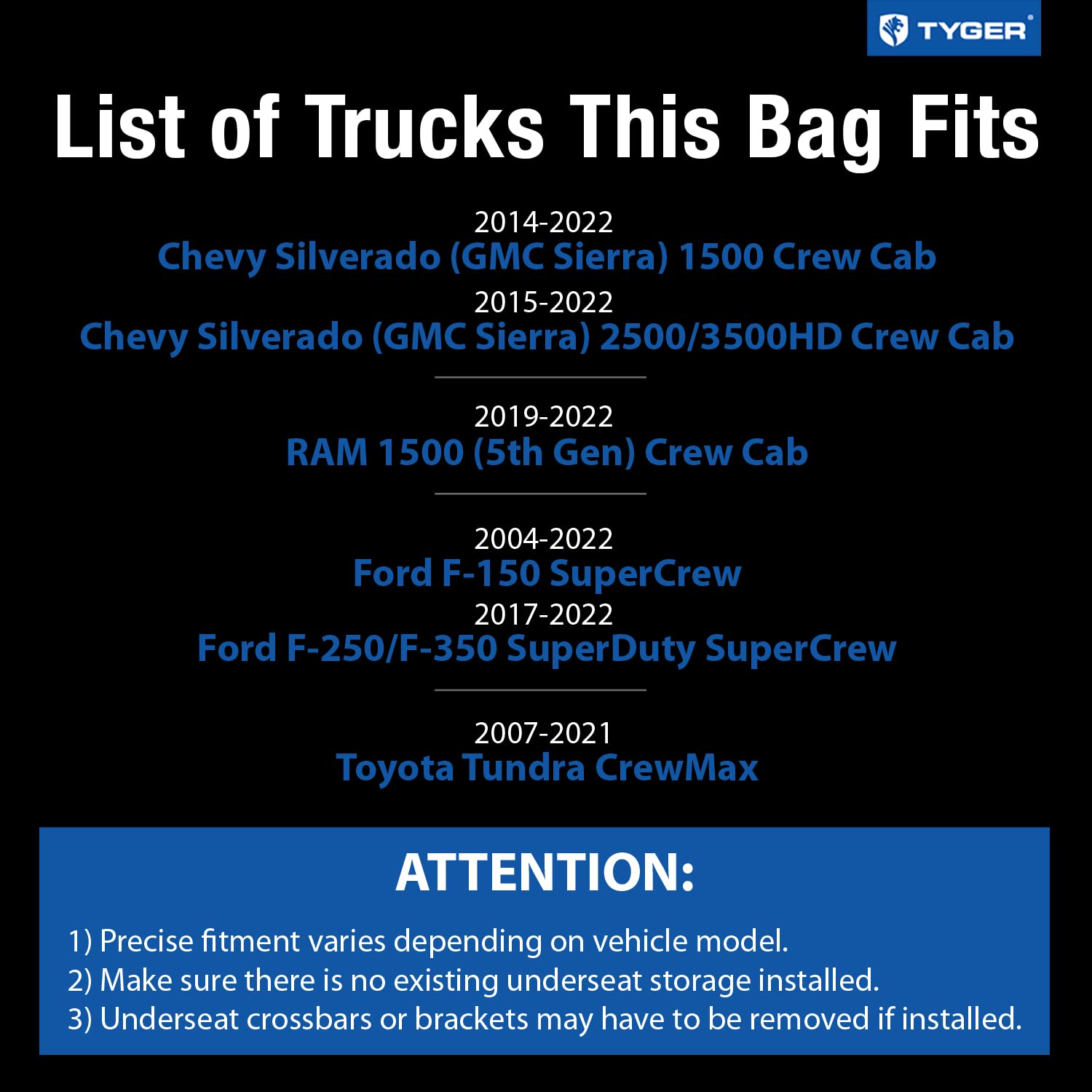 TYGER Cargo Rear Underseat Storage Bag Organizer Large Size 13 Gallons Compatible with Ford, Chevy, Ram and Toyota Crew Cab Full Size Pickup Trucks | TG-CB3U1498