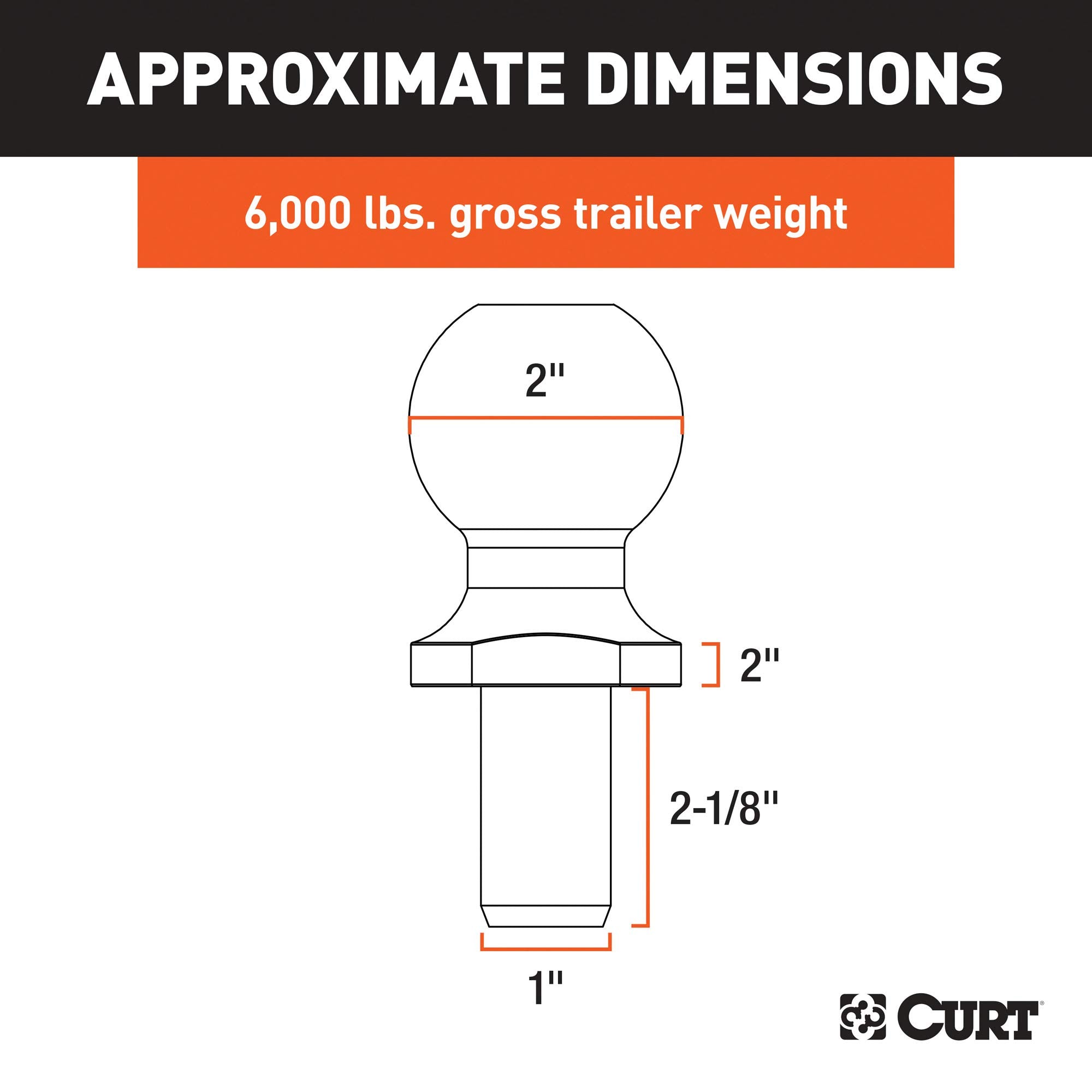 CURT 40034 Trailer Hitch Ball Chrome, 6,000 lbs, 2-Inch Rise, 2-Inch Diameter, 1 x 2-1/8-Inch Shank