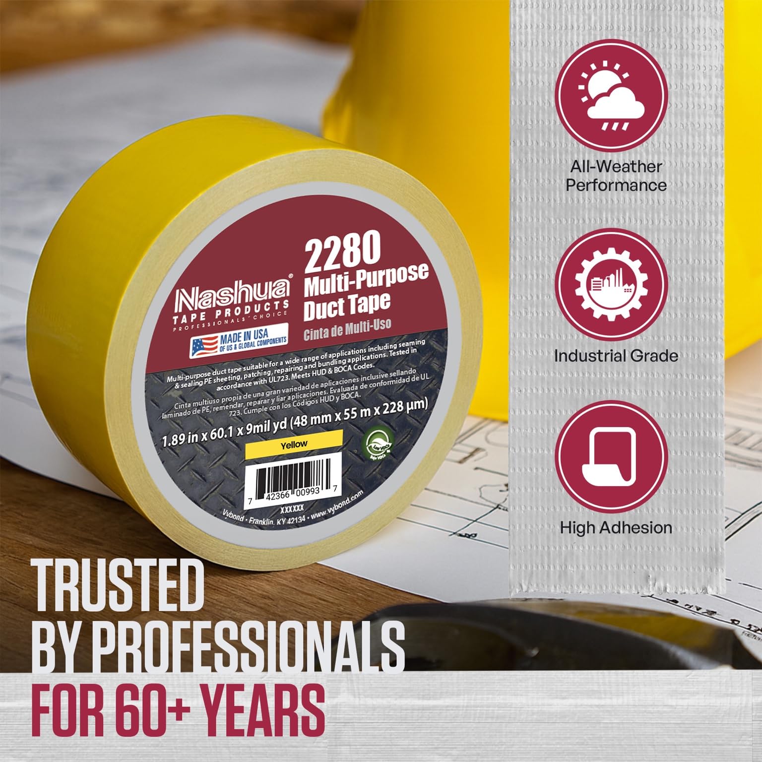 Black Nashua 2280 Duct Tape, All Purpose, Water Resistant, 1.89 Inch x 60 yds, 1 Roll