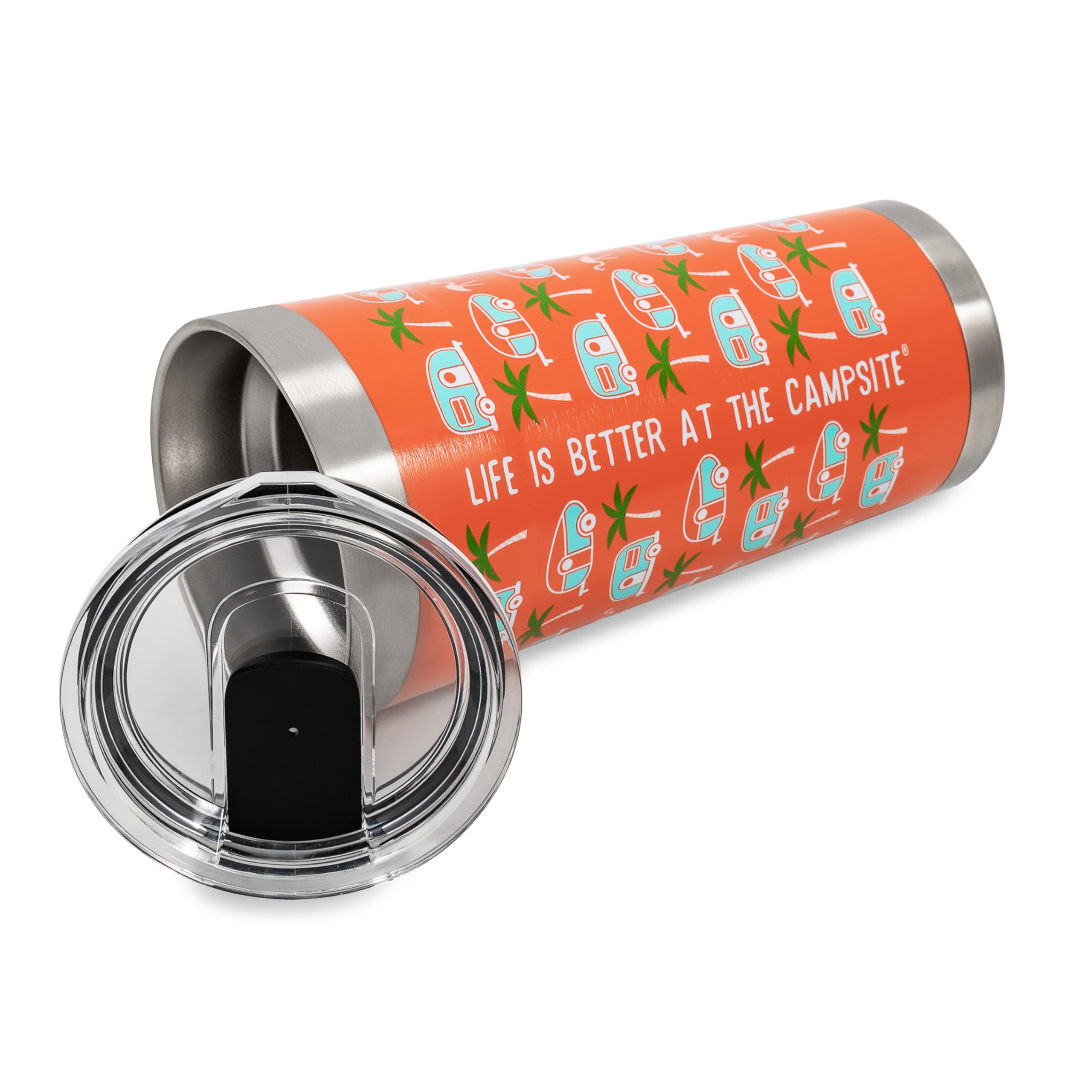 Camco Wrapped Stainless Steel Tumbler Life is Better at The Campsite - Features Double Wall Vacuum Insulation for Heat/Ice Retention & Unique Palm Tree Design - Holds 20 oz. (53322)