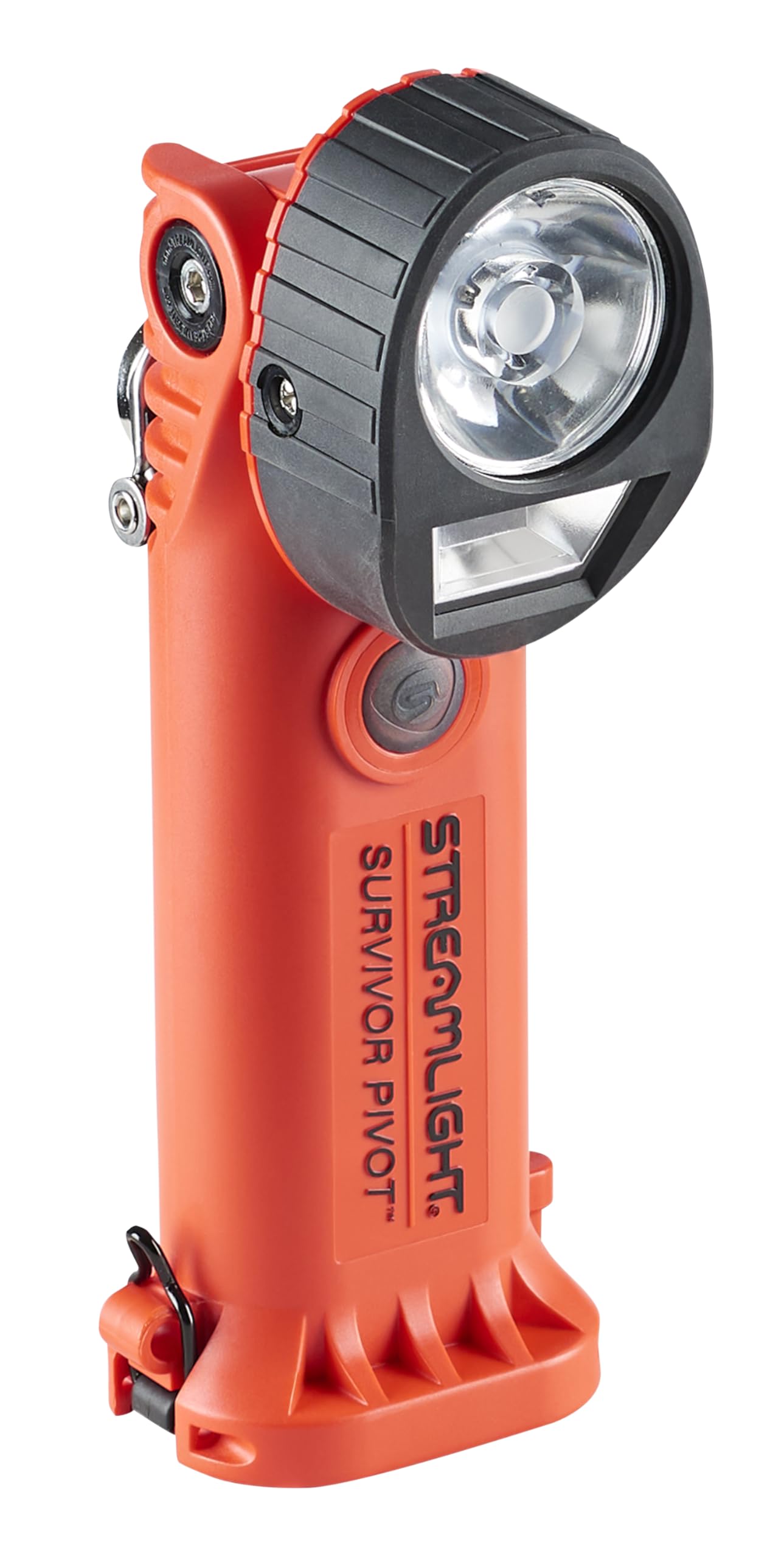 Streamlight Survivor Pivot 325-Lumen Right Angle Articulating Dual Beam Rechargeable Flashlight with 120V/100V AC/12V DC, Orange and Magnet Clip