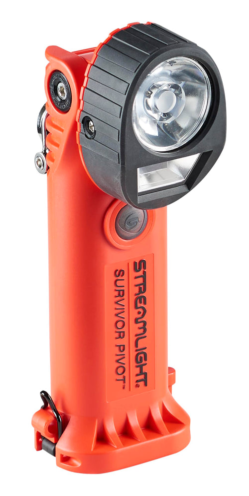 Streamlight Survivor Pivot 325-Lumen Right Angle Articulating Dual Beam Rechargeable Flashlight with 120V/100V AC/12V DC, Orange and Magnet Clip