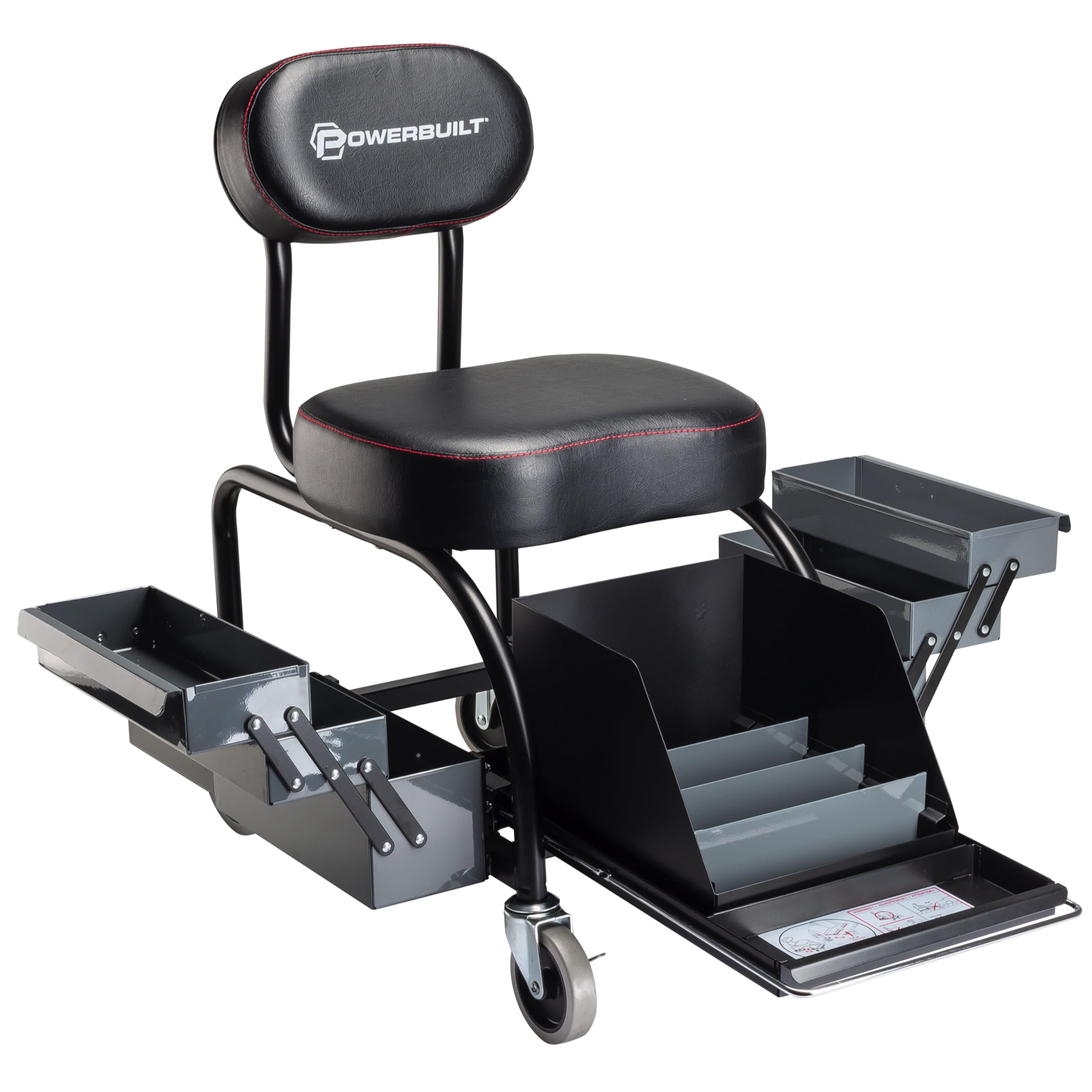 Powerbuilt Professional Roller Seat Mechanics, Heavy Duty Padded Detailer Seat and Backrest, Sliding Storage Drawers, Tool Tray, Can Holders, 4-Inch Swivel Wheels