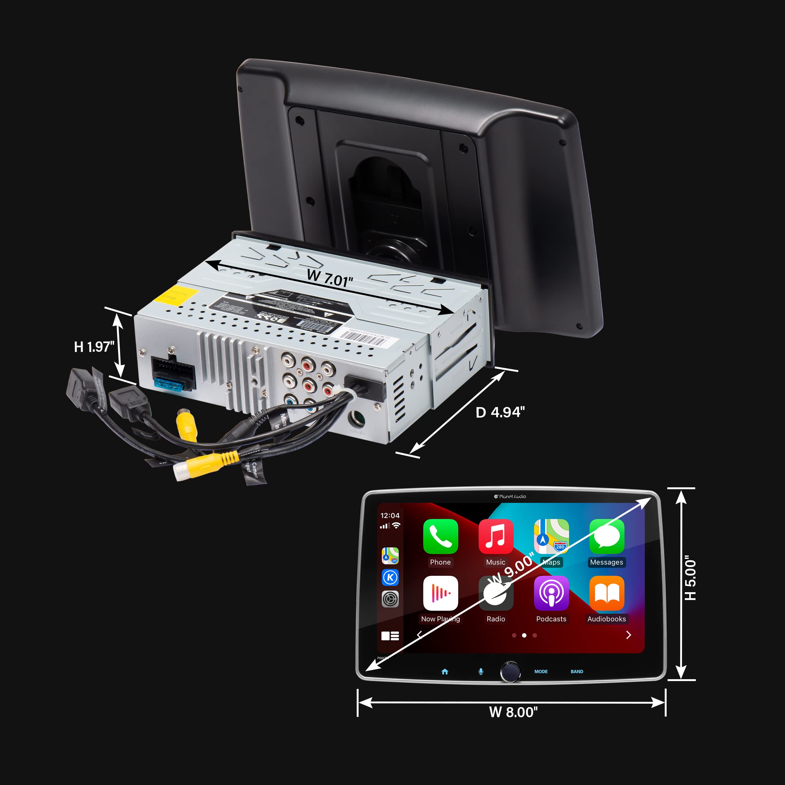 Apple CarPlay Planet Audio P90CPA Android Auto Car Receiver - Single Din Chassis with 9 Inch Capacitive Touchscreen, Bluetooth, USB, No CD DVD, Multicolor Illumination