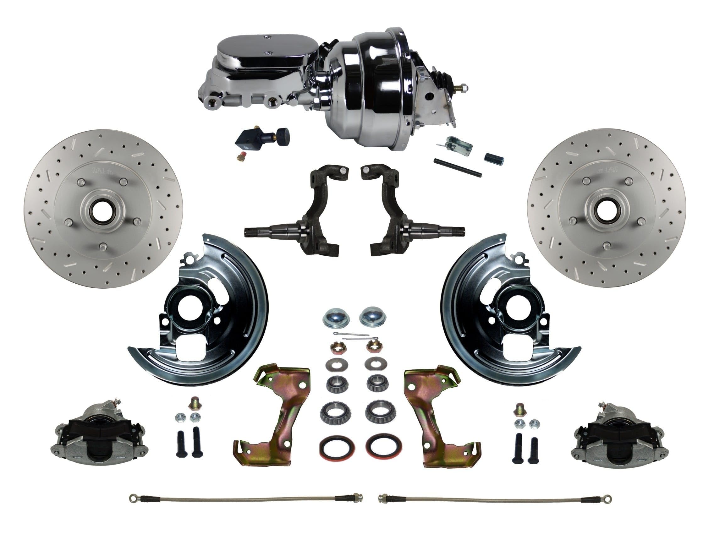 Power Front Disc Brake Conversion Kit LEED BRAKES Cross Drilled And Slotted Rotors With 8" Dual Chrome Booster Flat Top Chrome M/C Adjustable Proportioning Valve