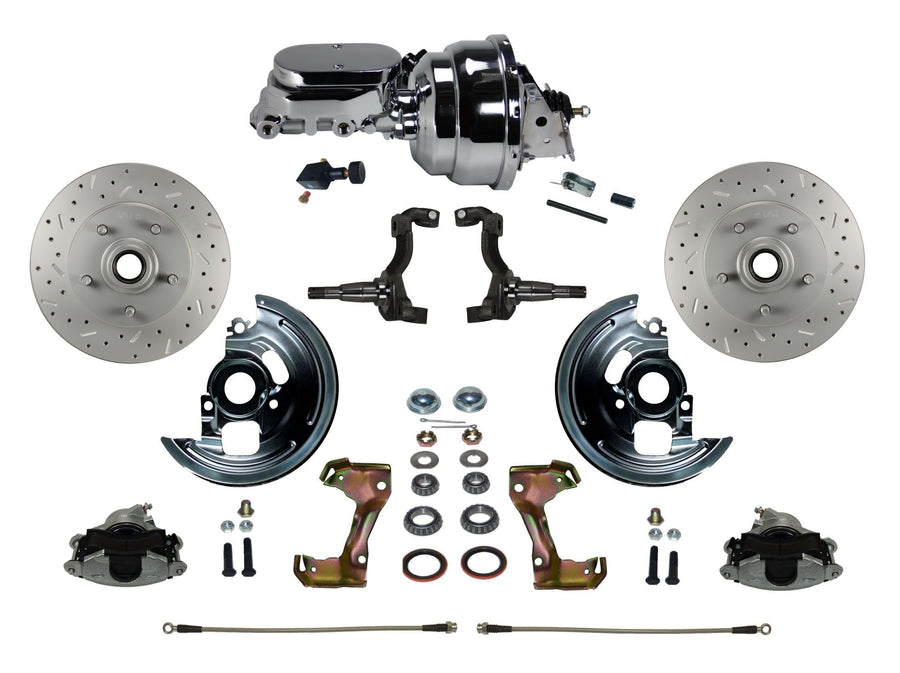 Power Front Disc Brake Conversion Kit LEED BRAKES Cross Drilled And Slotted Rotors With 8" Dual Chrome Booster Flat Top Chrome M/C Adjustable Proportioning Valve