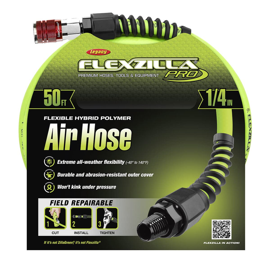 Flexzilla Pro Air Hose with Industrial Type D ColorConnex Coupler and Plug, 1/4 in. x 50 ft. - HFZP1450YW2-D