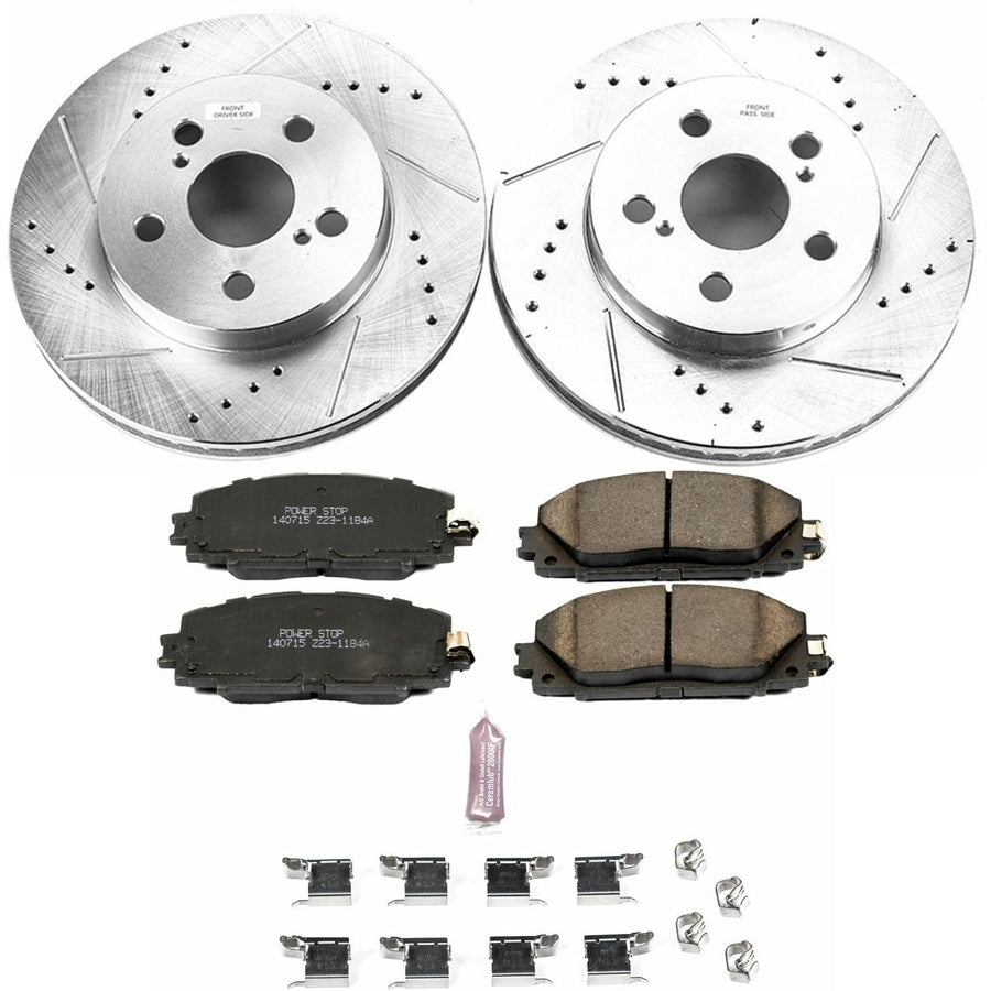 Power Stop K7701 Z23 Carbon Fiber Brake Pads with Drilled & Slotted Brake Rotors Kit For Toyota Corolla, Toyota Prius, Toyota Prius AWD-e, Toyota Prius Prime [Model Specific]