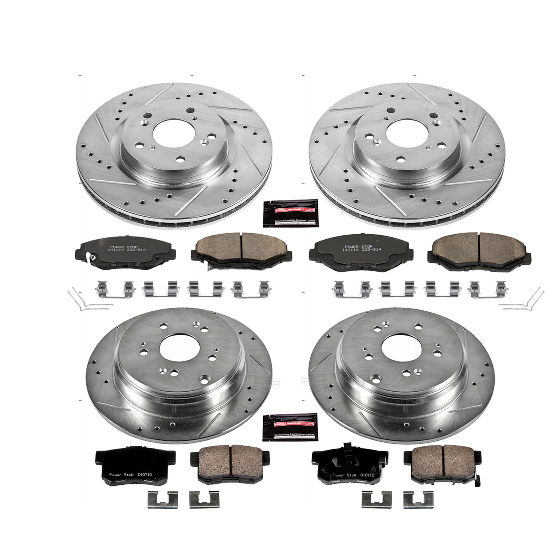 Power Stop K6489 Z23 Carbon Fiber Brake Pads Front and Rear with Drilled & Slotted Brake Rotors Kit For Honda CR-V 2012-2016 [Model Specific]