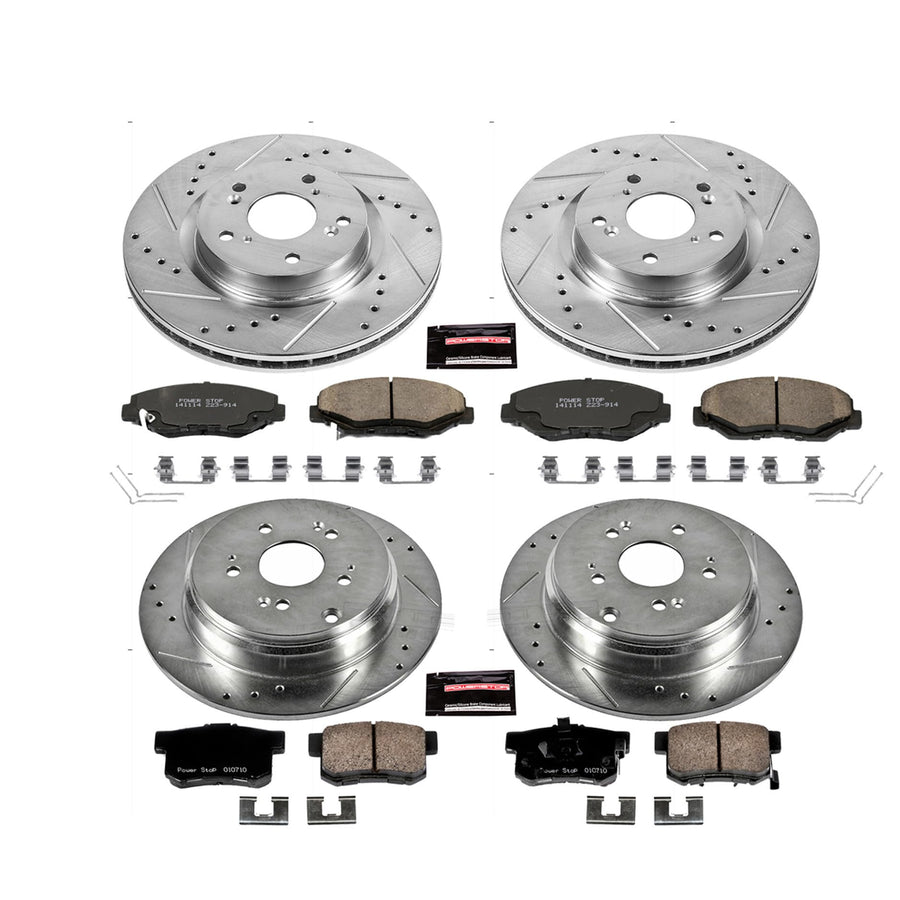 Power Stop K6489 Z23 Carbon Fiber Brake Pads Front and Rear with Drilled & Slotted Brake Rotors Kit For Honda CR-V 2012-2016 [Model Specific]