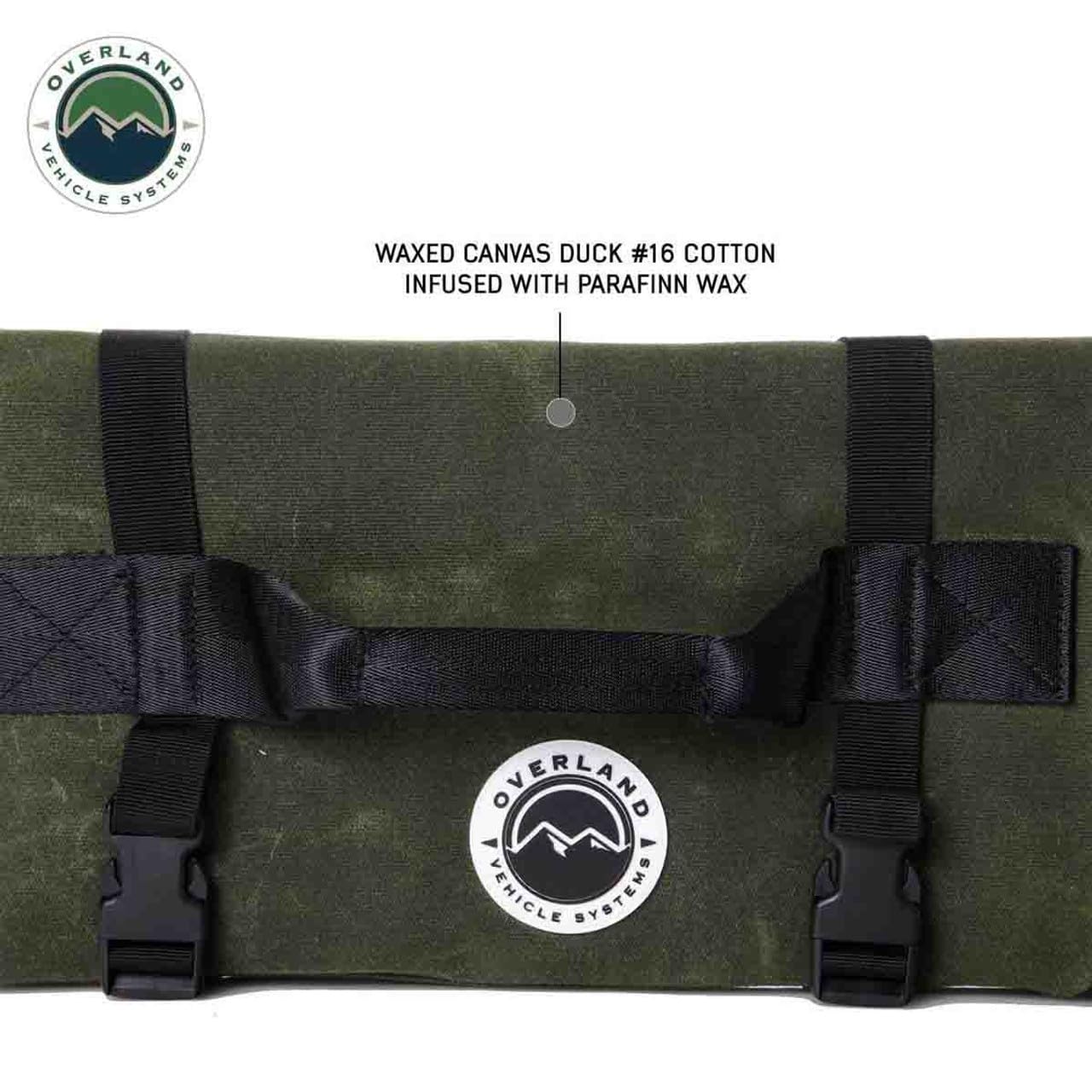 Overland Vehicle Systems General Tool Storage Bag Rolled - #16 Military Style Waxed Canvas - 19 Storage Pockets - Infused with Paraffin Wax Waterproofing