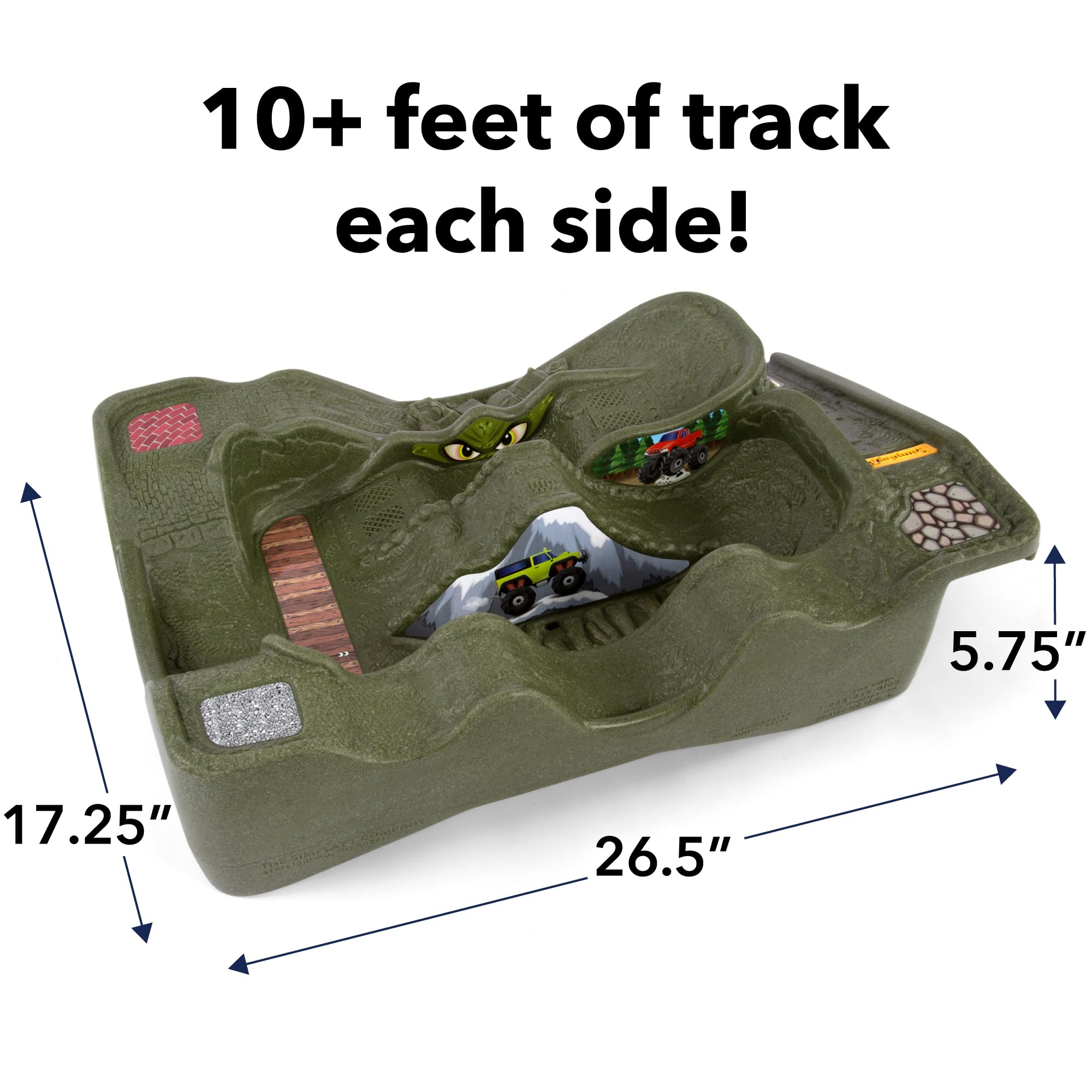 Simplay3 Extreme Wheels Monster City Car Race Track Table - 2 Sided Portable Kids Play Table with 2 Race Trucks - Green - Made in USA