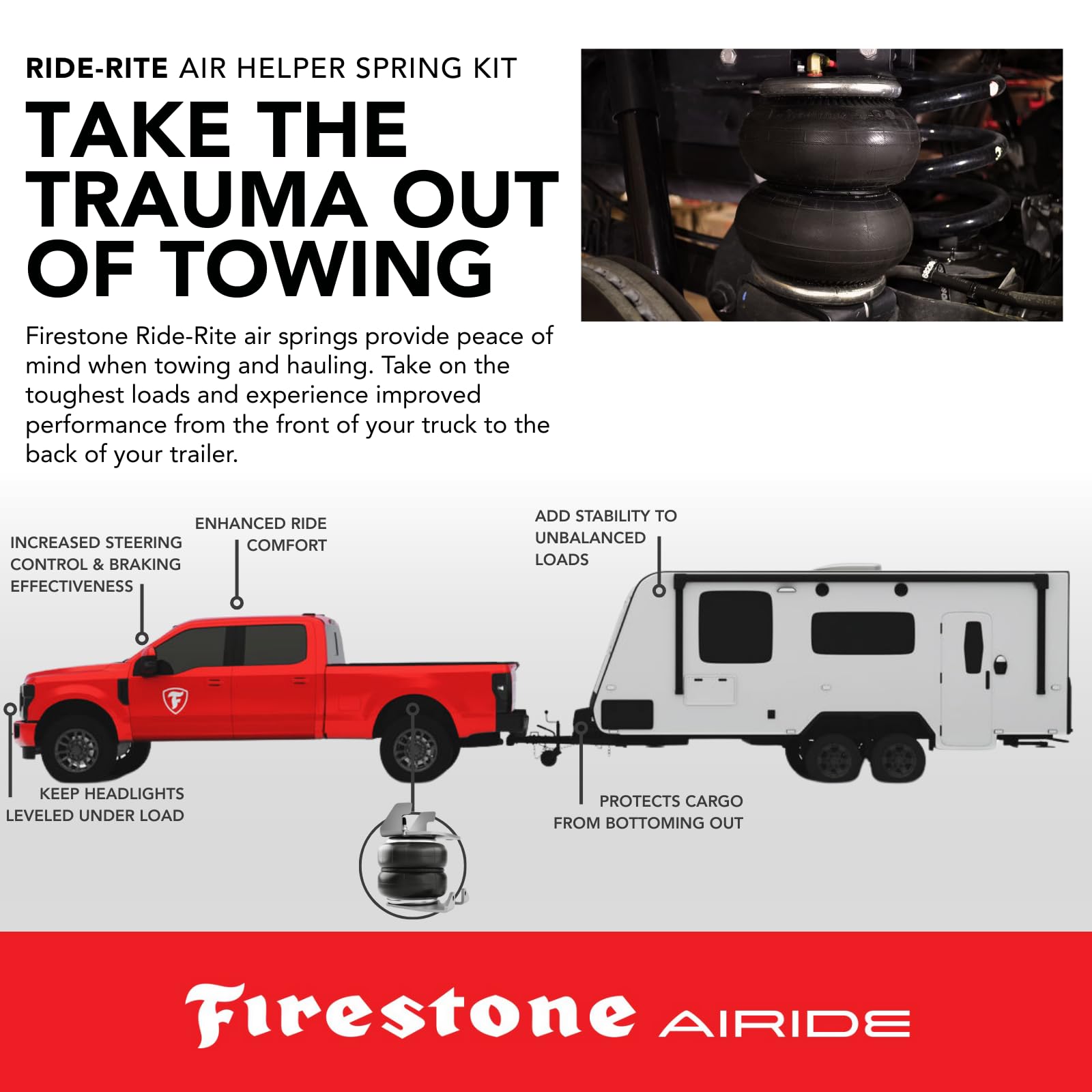 Firestone 2400 Airide Ride-Rite Rear Air Springs Kit fits 2005-2007 F250 F350 4WD | 5-100 PSI | Load Capacity of 5,000 Pounds | No Drill Installation | Enhances Brake Effectiveness