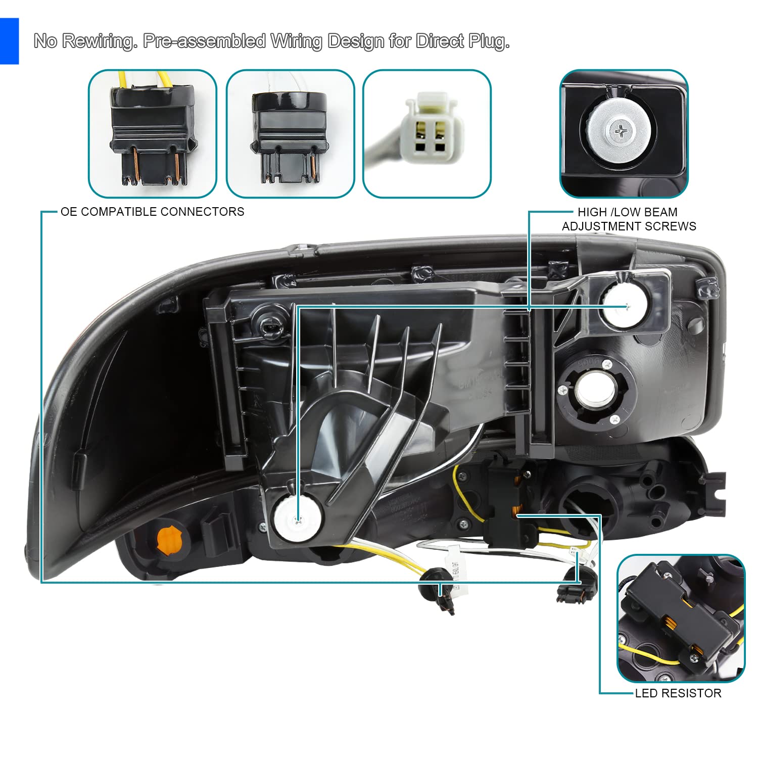 Black LED Tube Headlights + Sequential Bumper Lights SPEC-D TUNING Compatible with 1999-2006 GMC Sierra 1500/2500/3500