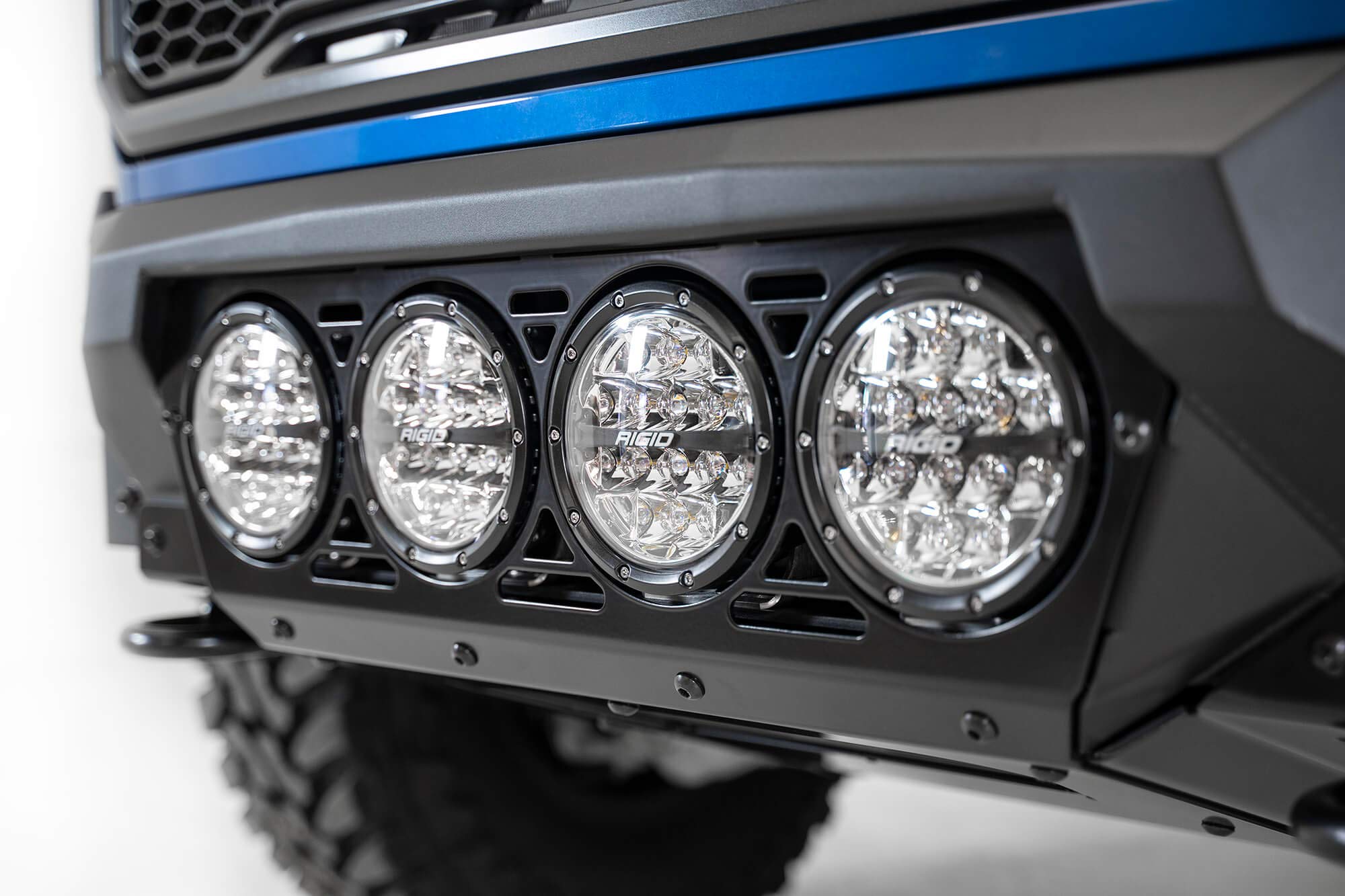 Bomber Front Bumper Addictive Desert Designs F110014110103; Hammer Black Powder Coat Finish; Mounts for 4 Rigid 360 6 in