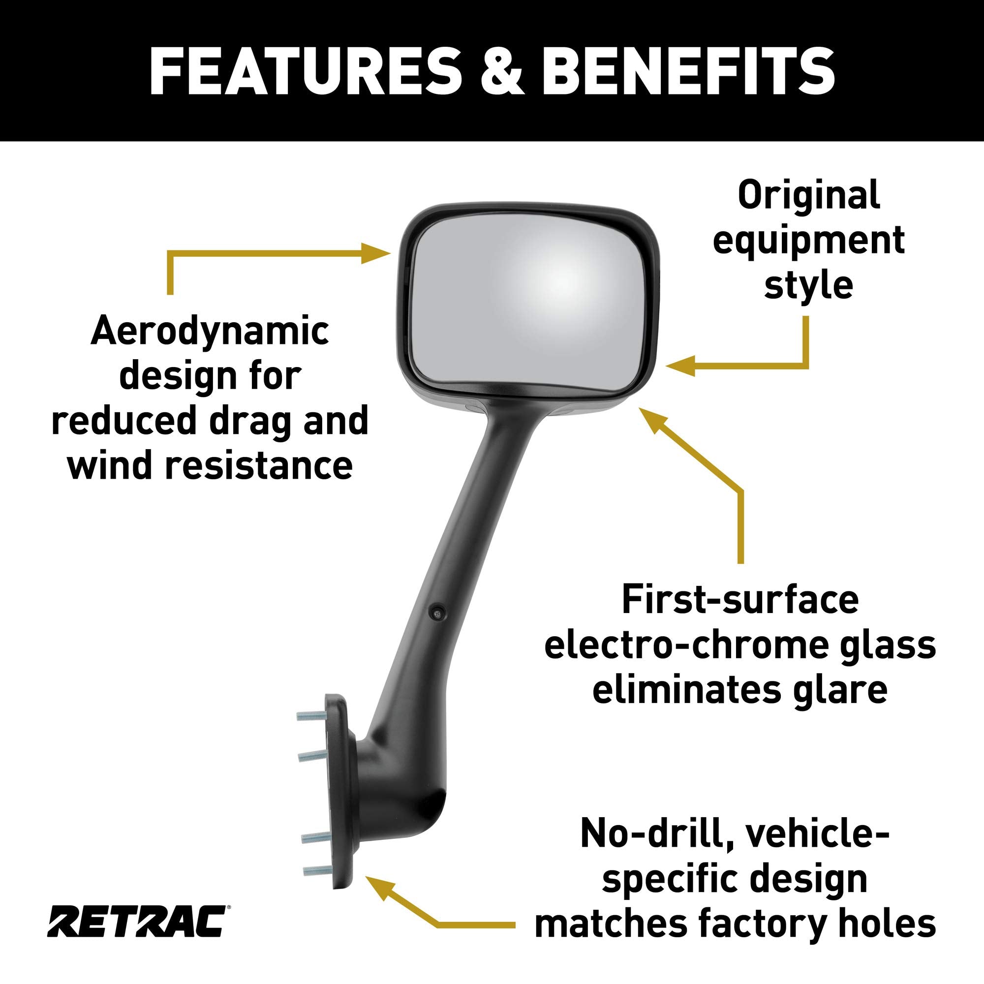 8 x 6-Inch Retrac Pedestal-Mount Passenger-Side Convex Mirror Assembly, Black ABS Plastic