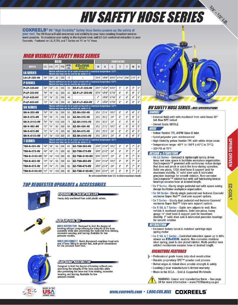 Coxreels Safety Series EZ-P-LP-350-HV Retractable Spring Rewind Hose Reel for air/Water: 3/8" I.D, 50' high Visibility Safety Hose, 300 PSI, Made in USA