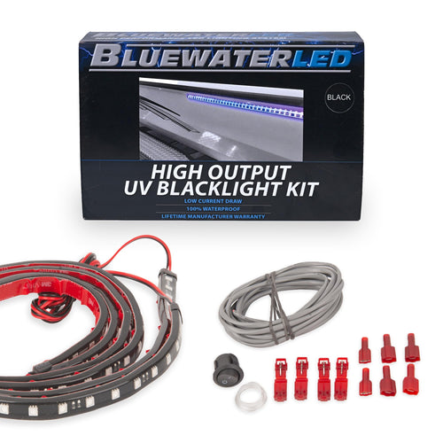 T-H Marine High Output BLUEWATERLED UV Blacklight Kit – 2X 40 Ultraviolet LED Strips with 3M™ Adhesive – Night Fishing Glow Lights for Boats – Waterproof, Wide Beam, 10' Wire