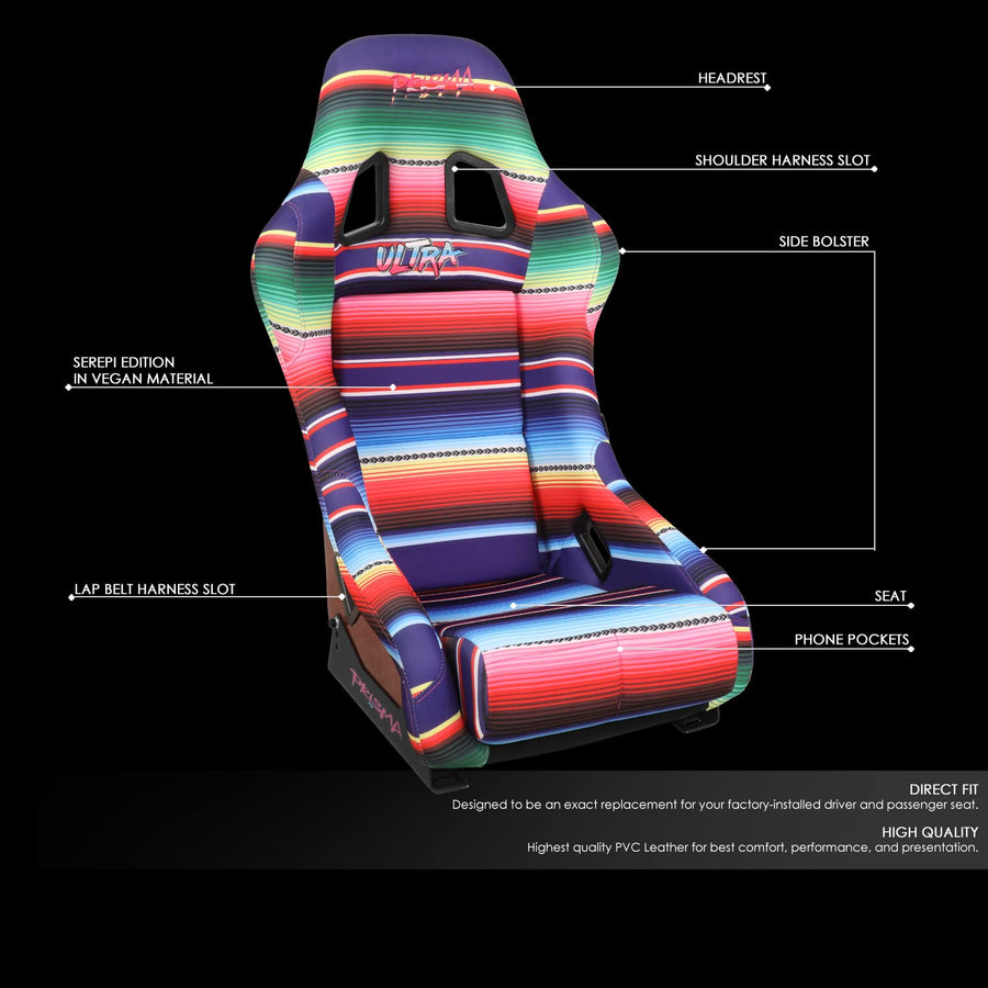 NRG Innovations Prisma FRP-303-MEXICALI Fixed Back Bucket Racing Seat with Bottom Mount Bracket, Serape Design/Fresh Red Glitter Back