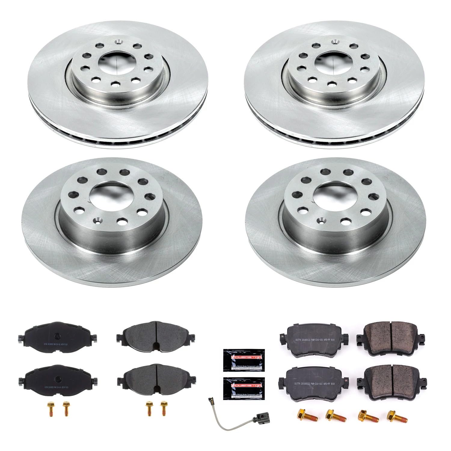 Power Stop KOE8364 Front and Rear Replacement Brake Kit-OE Brake Rotors & Ceramic Brake Pads and 1 Front Sensor Wire For VW GTI, VW Golf Alltrack, VW Passat [Model Specific]