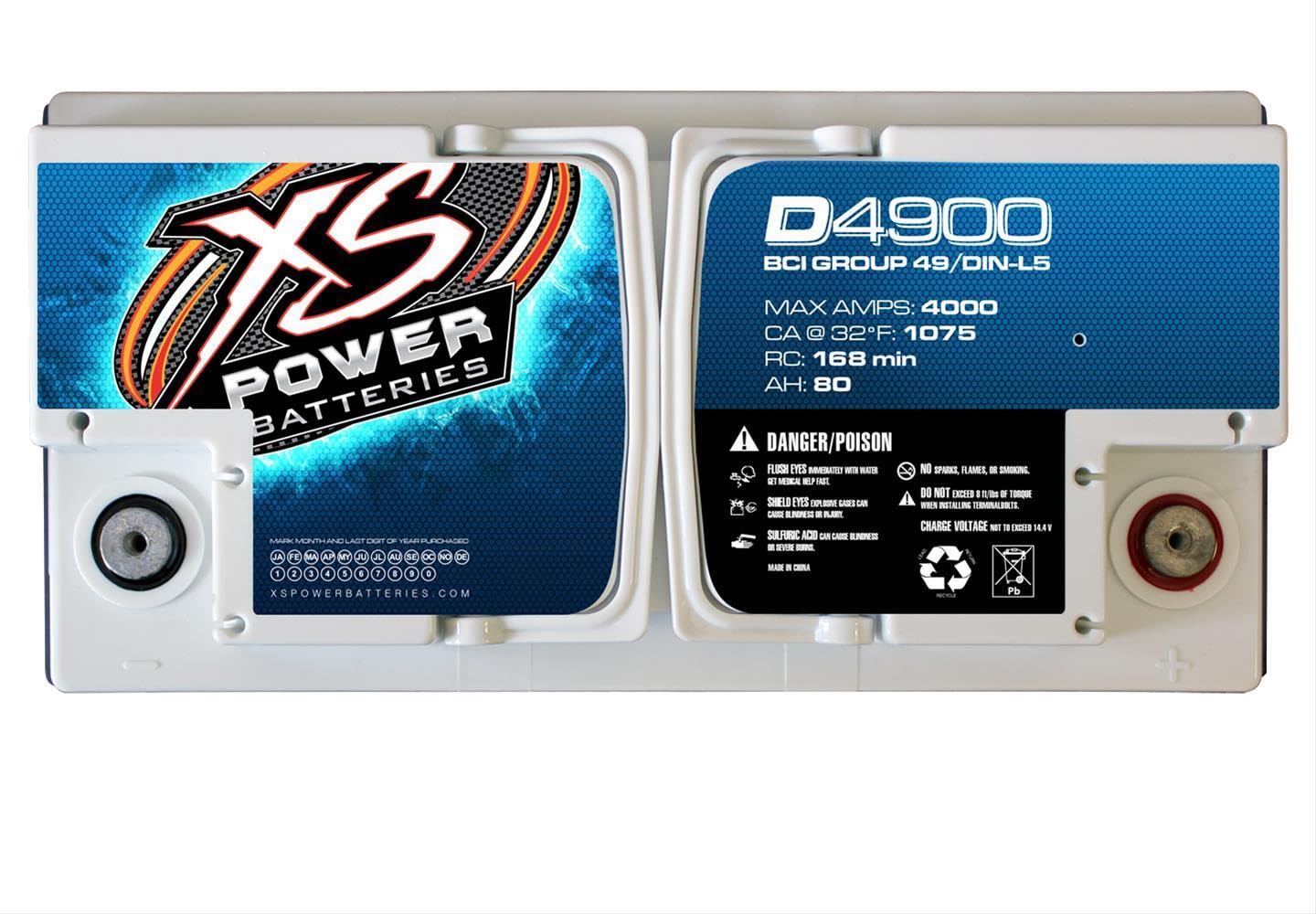 12V BCI Group 49 AGM Battery XS Power D4900 (Max Amps 4,000A, CA: 1075 Ah: 80, 3000W / 4000W)