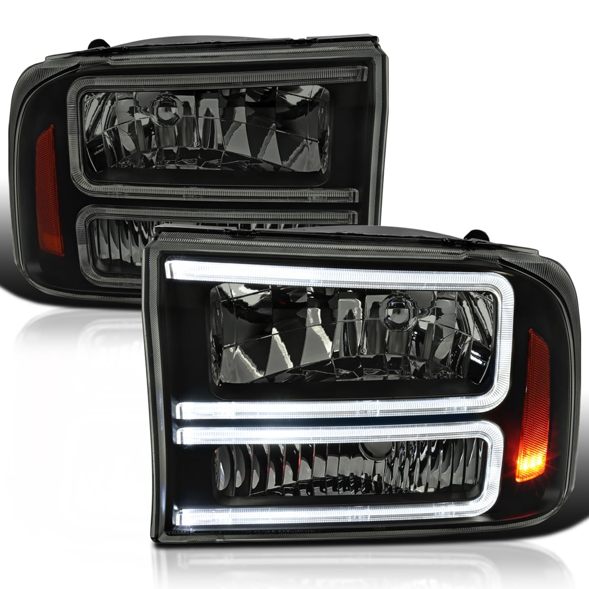 Black Smoke SPEC-D TUNING Headlights with LED Bar Compatible with 1999-2004 Ford F-250, F-350, F-450 SuperDuty, 2000-2004 Excursion, Left + Right Head Lights Assembly
