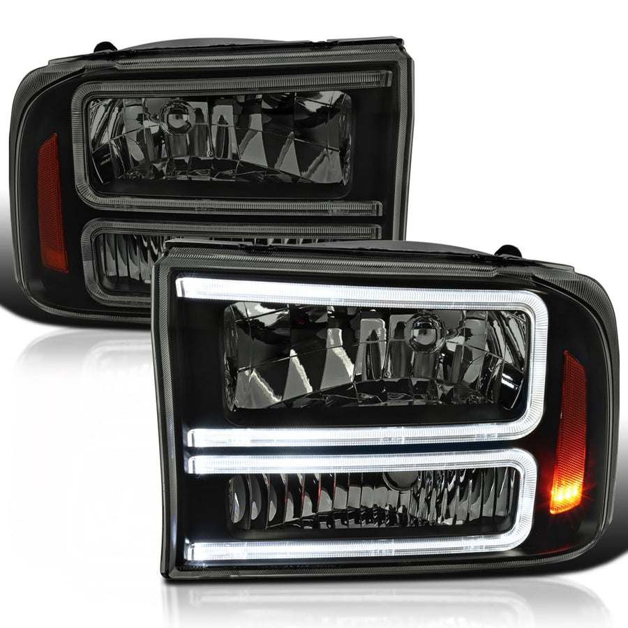 Black Smoke SPEC-D TUNING Headlights with LED Bar Compatible with 1999-2004 Ford F-250, F-350, F-450 SuperDuty, 2000-2004 Excursion, Left + Right Head Lights Assembly