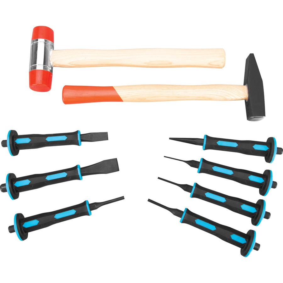 M7047 Performance Tool 9 Pc. Hammer and Punch Set - Nylon Install Hammer, Machinist's Hammer, Cold Chisels, Pin Punches, Tapered Punch, Carbon Steel, Rubber Grips, Black/Orange