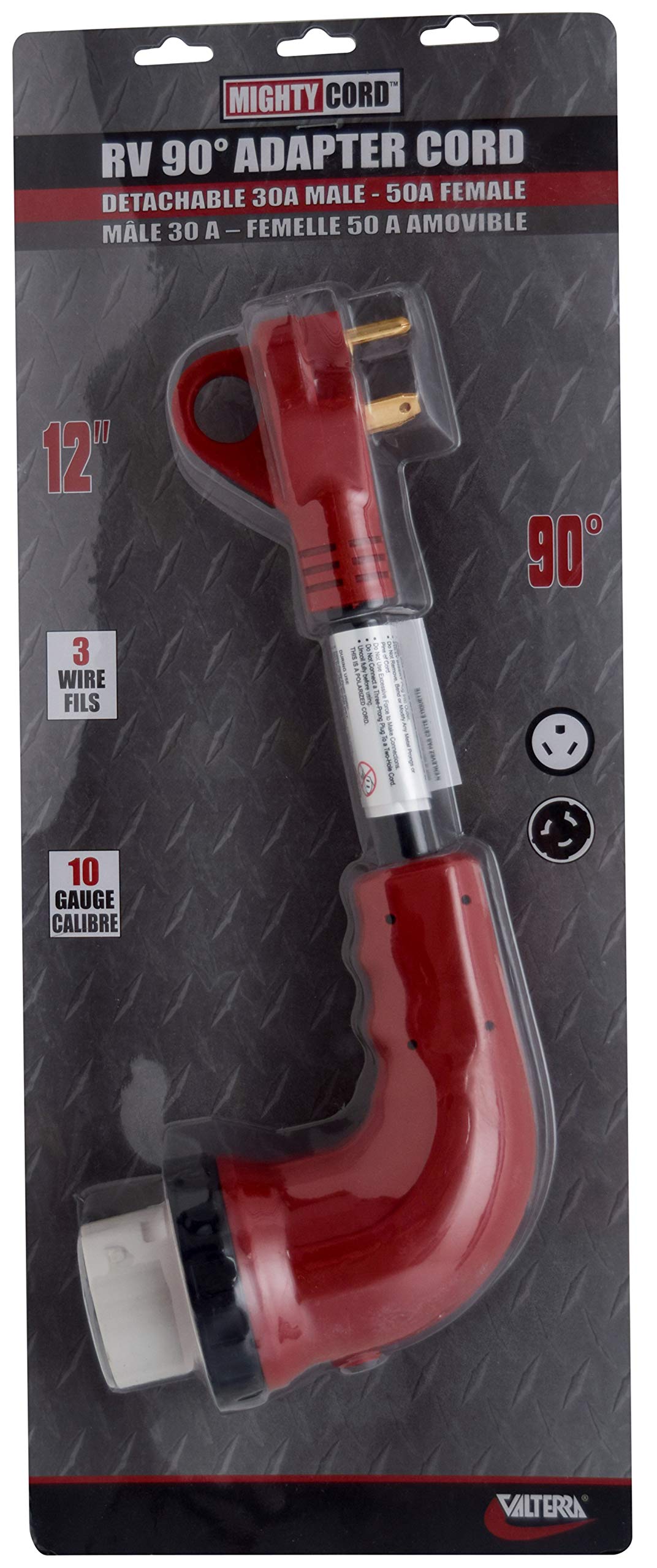 Valterra A10-3050D90VP 90° Mighty Cord Detachable 12" Adapter Cord - 30AM to 50AF, Red (Carded)