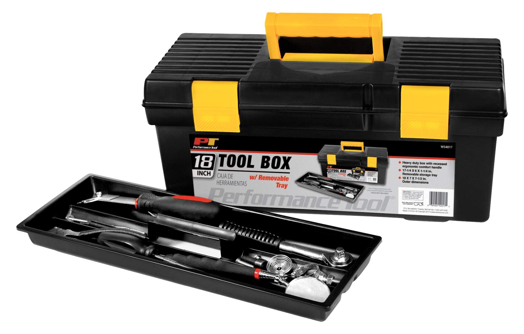 W54017 Performance Tool 18-Inch Plastic Box with Handle, Tool Organizer Storage Box, Lightweight & Easy to Carry, Removable Inner Tray