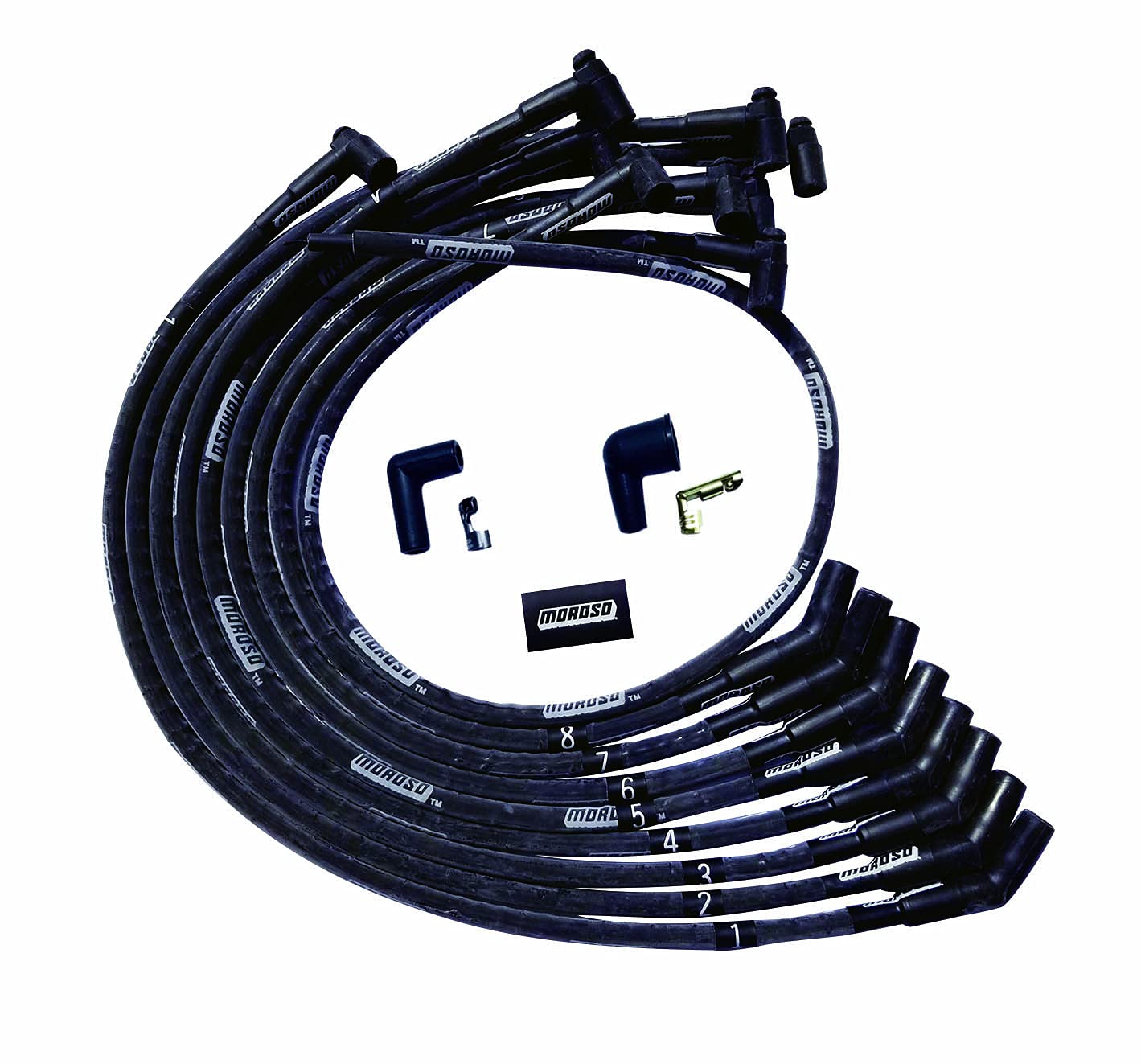 Moroso Ultra Series 51542 Black Sleeved Spark Plug Wires, Big Block Chevy, Over Valve Cover Routing, 135 Degree Plug Ends, HEI Distributor