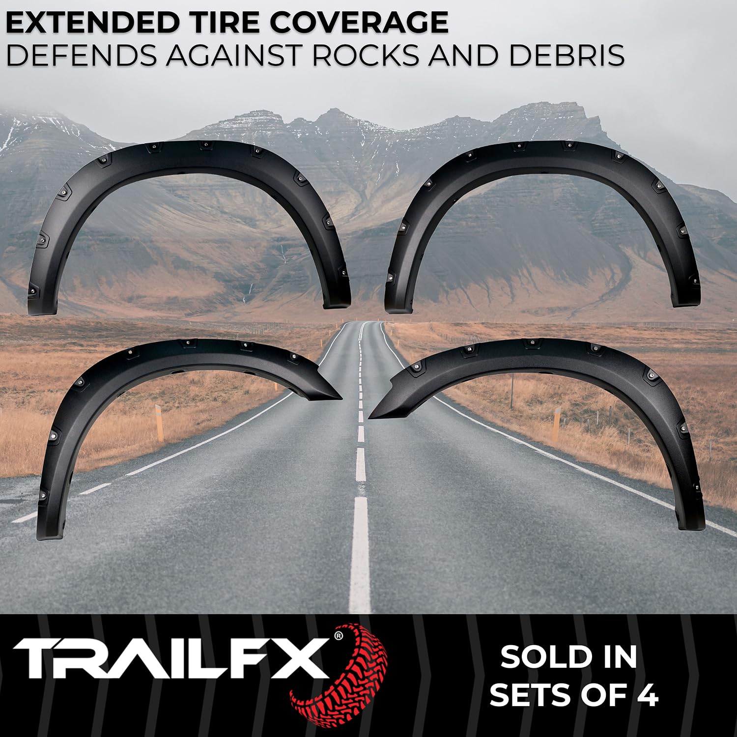 Pocket Style Fender Flares TrailFX TFD3004T for Ram 2500 2011-2018 - Black Textured Paintable Polypropylene, Set of 4 with Stainless and Black Steel Rivets