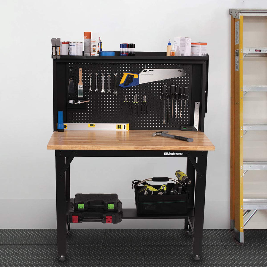 4' Adjustable Montezuma Steel and Solid Wood Workbench Station with Pegboard and Shelf Storage