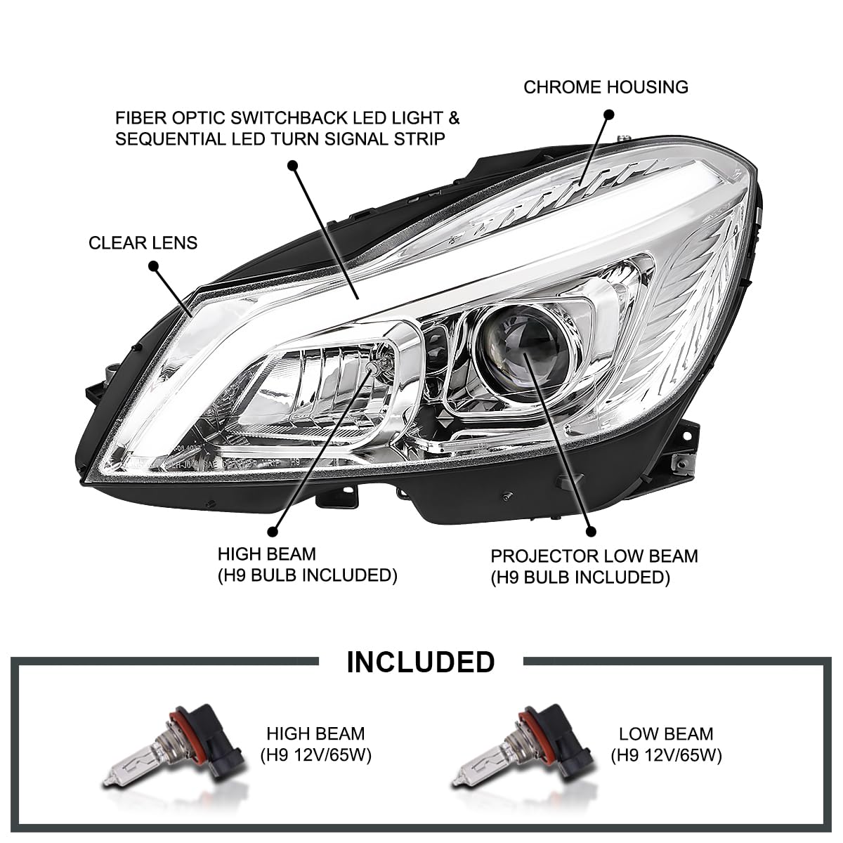 Switchback SPEC-D TUNING Chrome Sequential LED Tube Projector Headlights Compatible with 2012-2014 Mercedes-Benz W204 C-Class C250 C300 C350 C63, Left + Right Pair Headlamps Assembly
